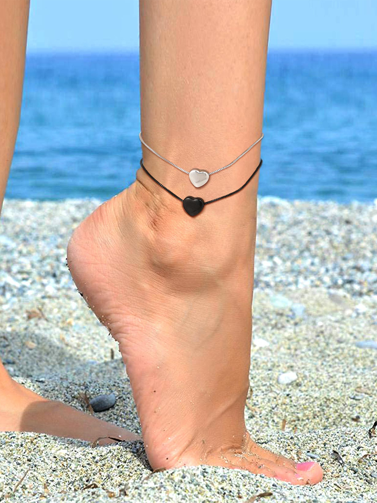 1.1mm Tiny Heart Box Chain Anklet in Stainless