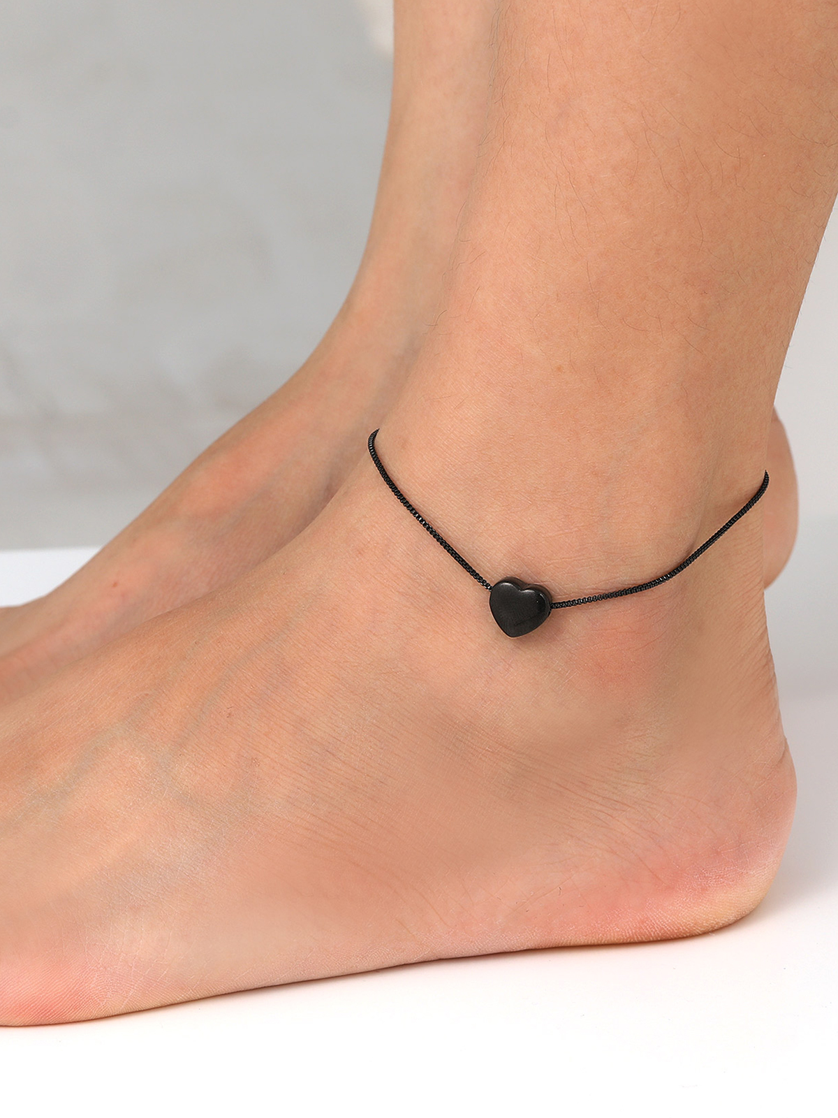 1.1mm Tiny Heart Box Chain Anklet in Black