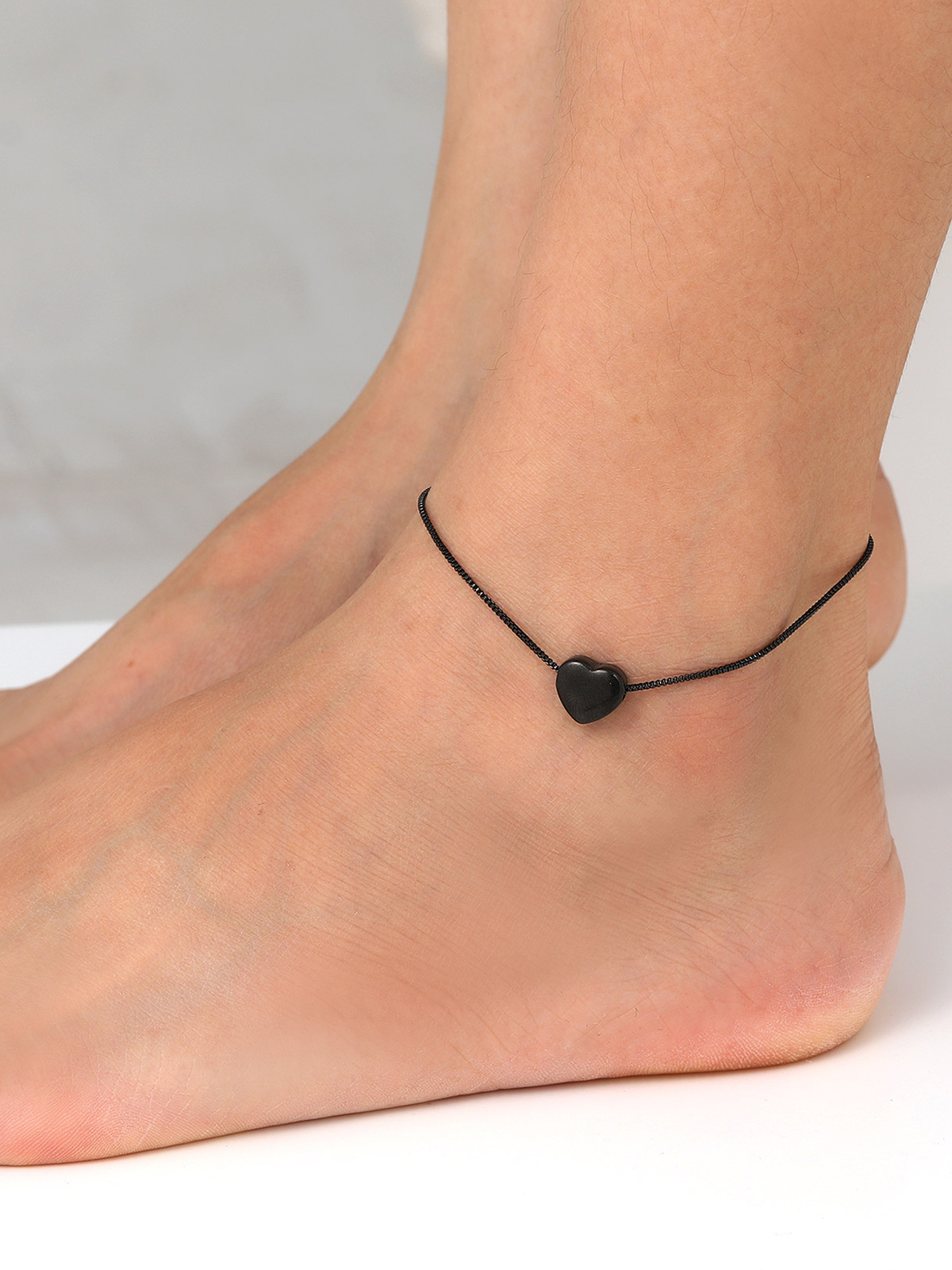 1.1mm Tiny Heart Box Chain Anklet in Black