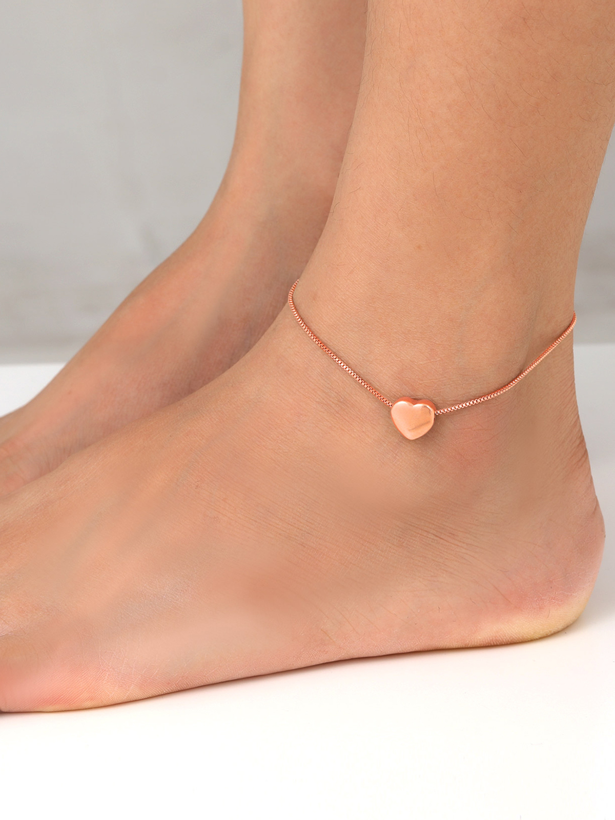 1.1mm Tiny Heart Box Chain Anklet in Rose Gold
