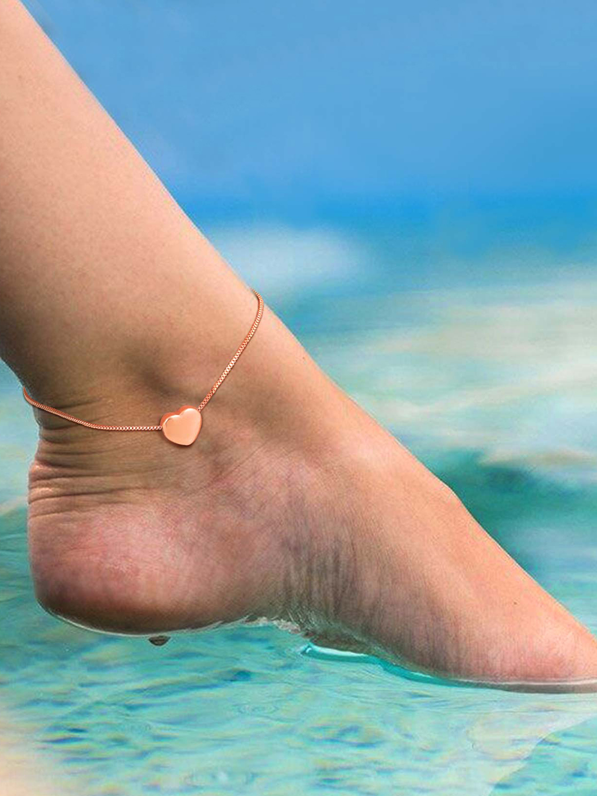 1.1mm Tiny Heart Box Chain Anklet in Rose Gold