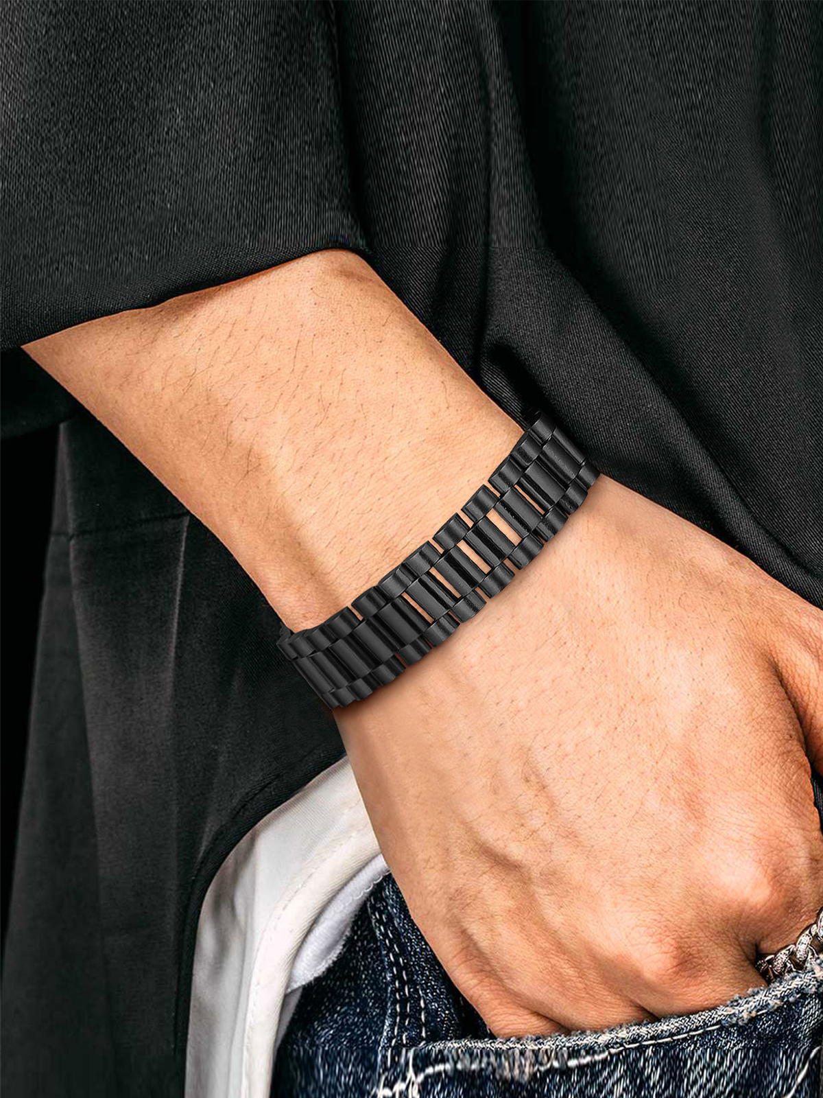 15mm Chunky Watchband Link Chain Bracelet in Black Plated