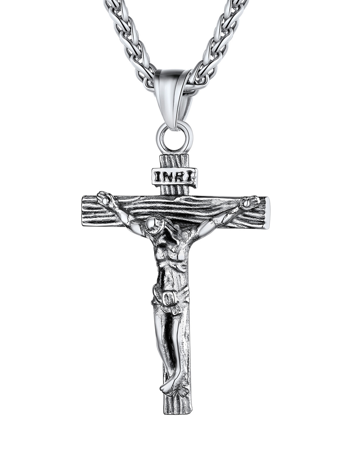 Cross Crucifix Pendant Antique Jesus Necklace in Stainless