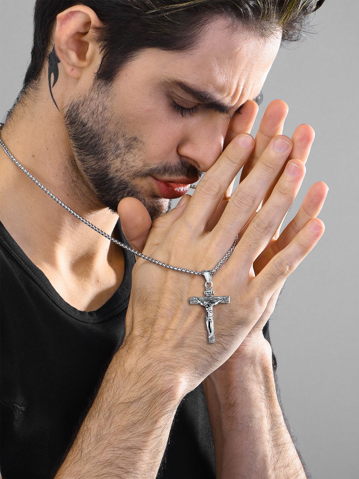Cross Crucifix Pendant Antique Jesus Necklace in Stainless