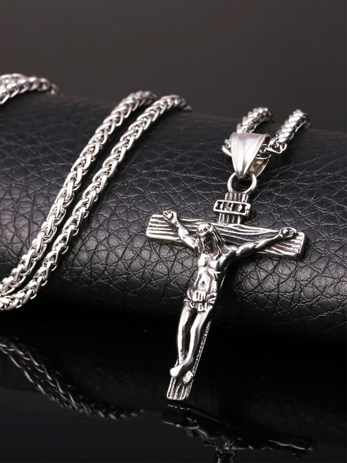 Cross Crucifix Pendant Antique Jesus Necklace in Stainless