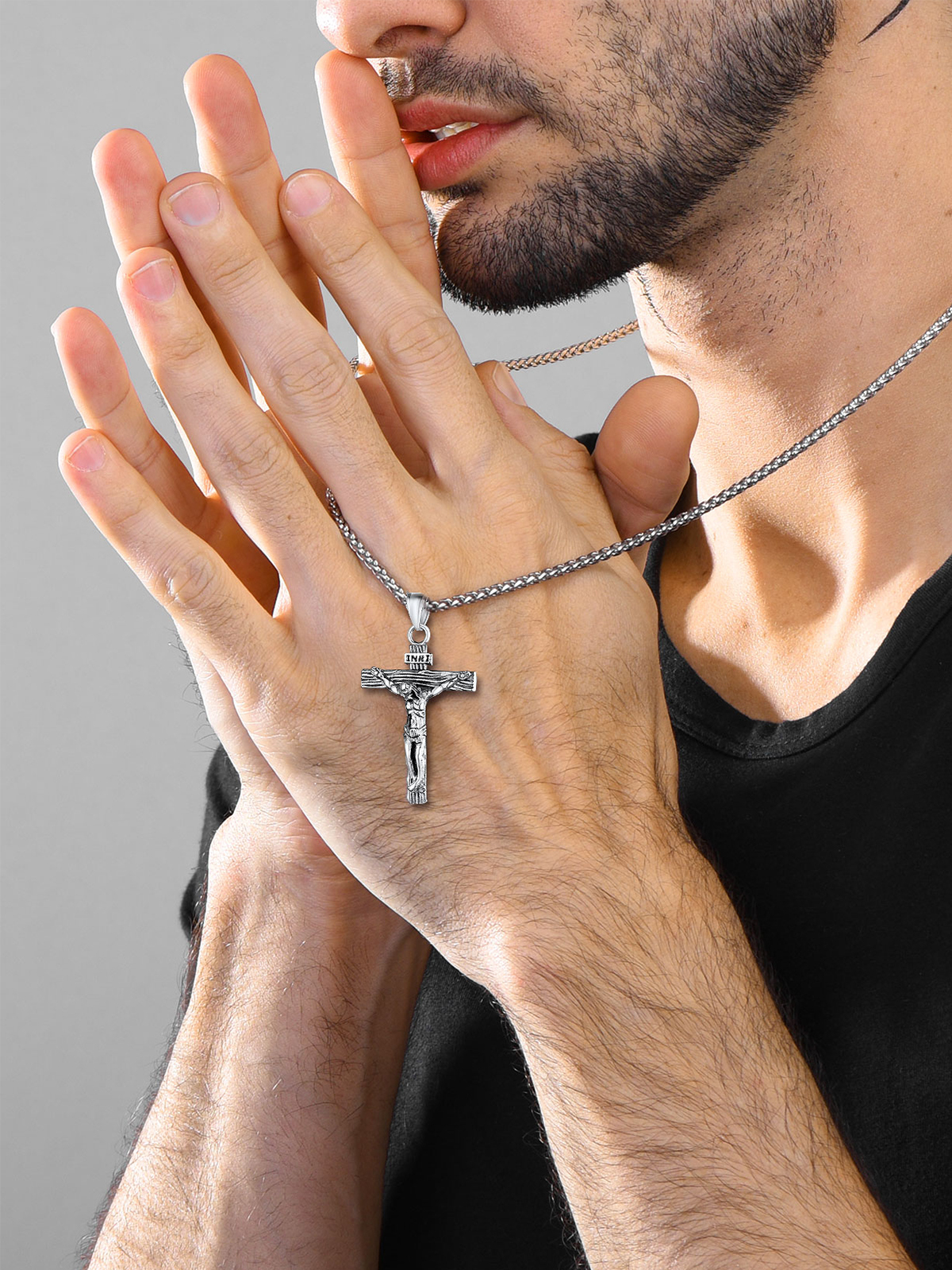 Cross Crucifix Pendant Antique Jesus Necklace in Stainless