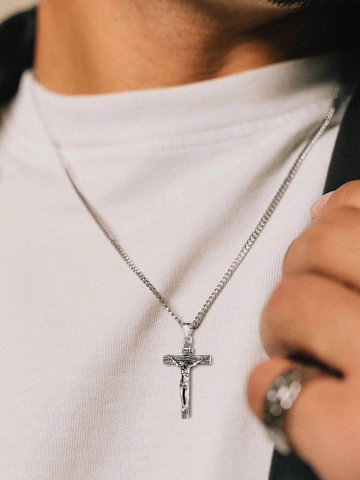 Cross Crucifix Pendant Antique Jesus Necklace in Stainless
