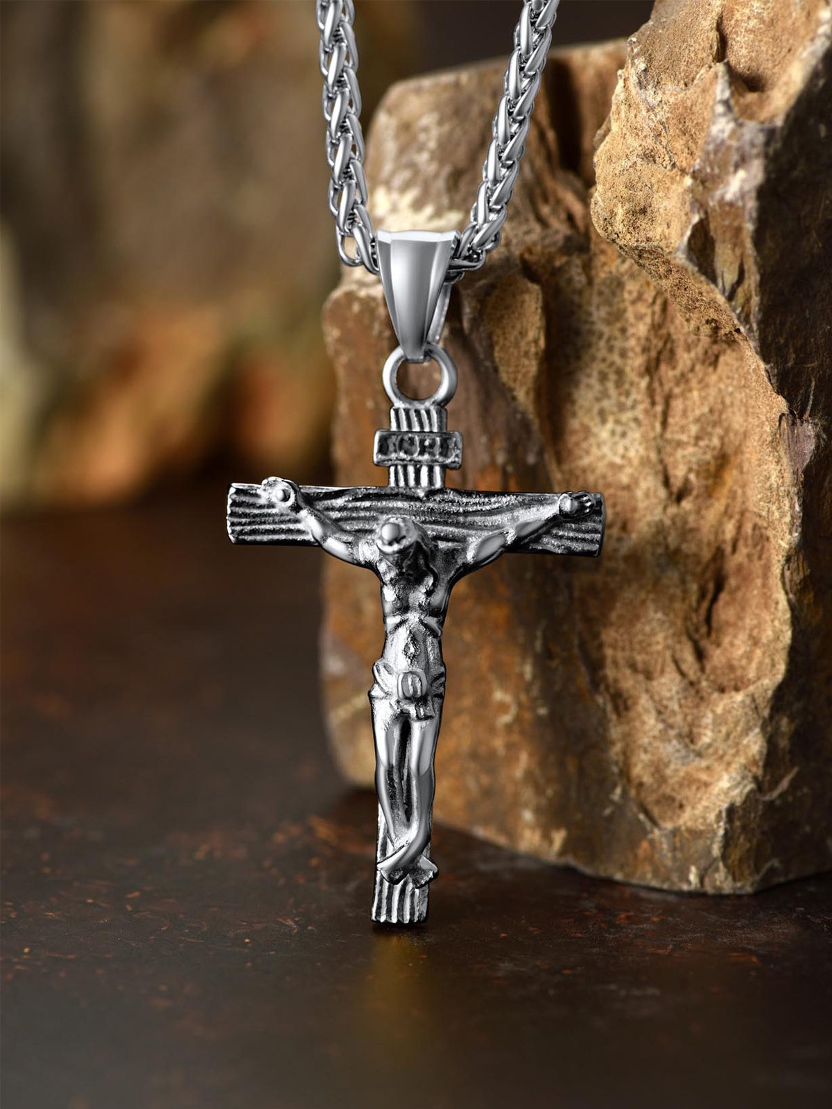 Cross Crucifix Pendant Antique Jesus Necklace in Stainless
