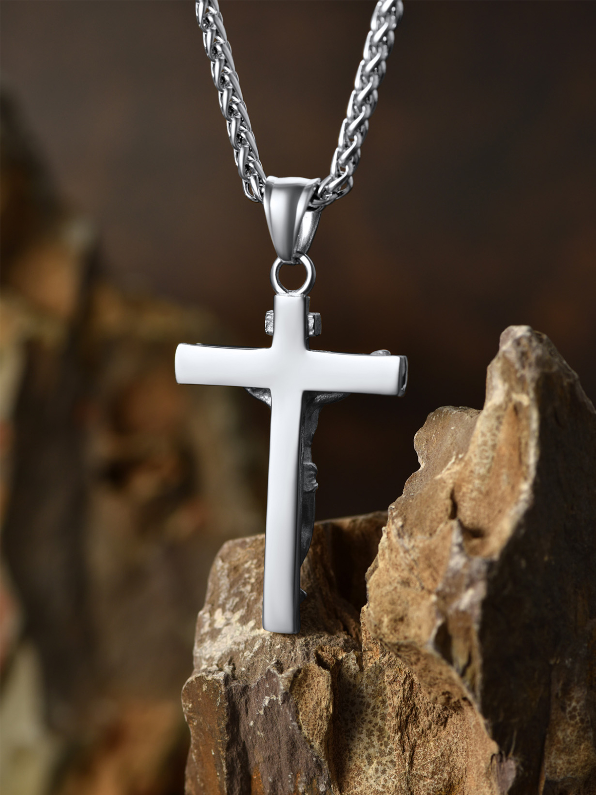 Cross Crucifix Pendant Antique Jesus Necklace in Stainless