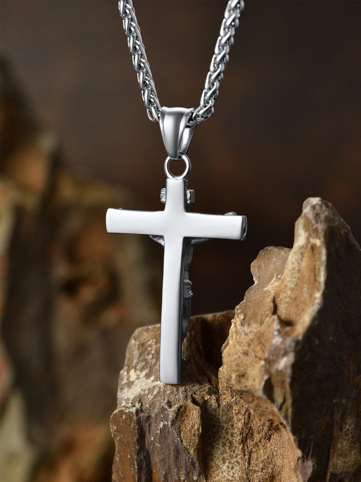 Cross Crucifix Pendant Antique Jesus Necklace in Stainless