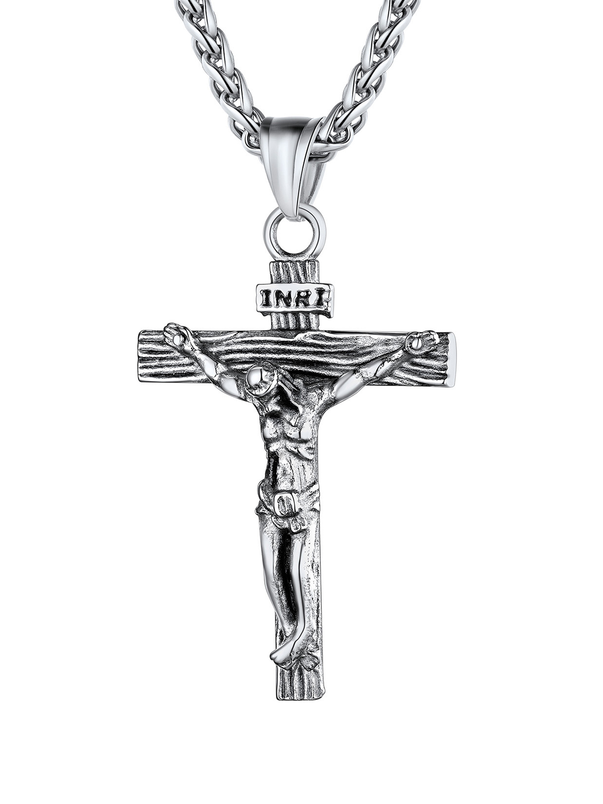 Cross Crucifix Pendant Antique Jesus Necklace in Stainless