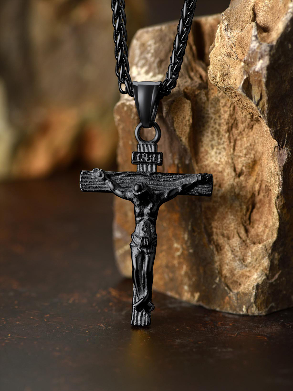 Cross Crucifix Pendant Antique Jesus Necklace in Black