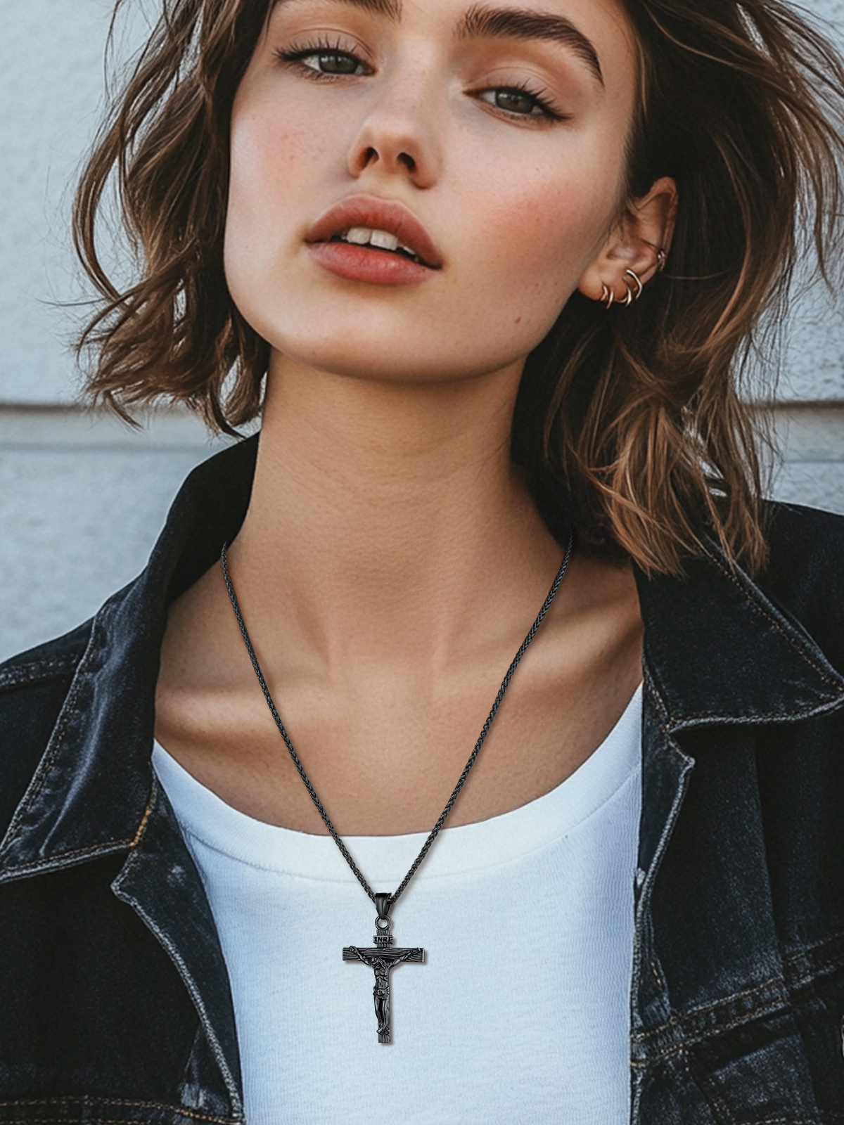 Cross Crucifix Pendant Antique Jesus Necklace in Black