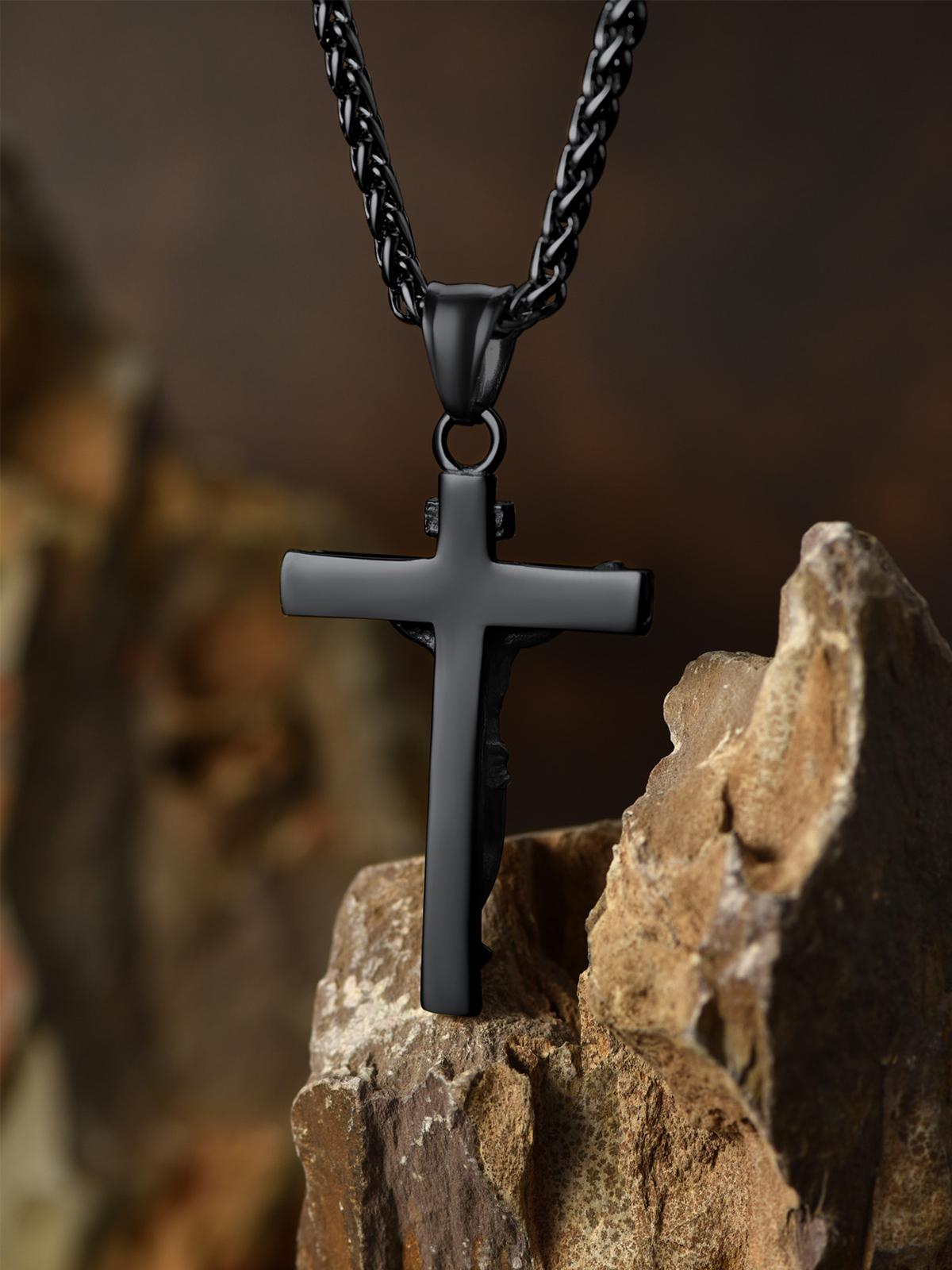 Cross Crucifix Pendant Antique Jesus Necklace in Black