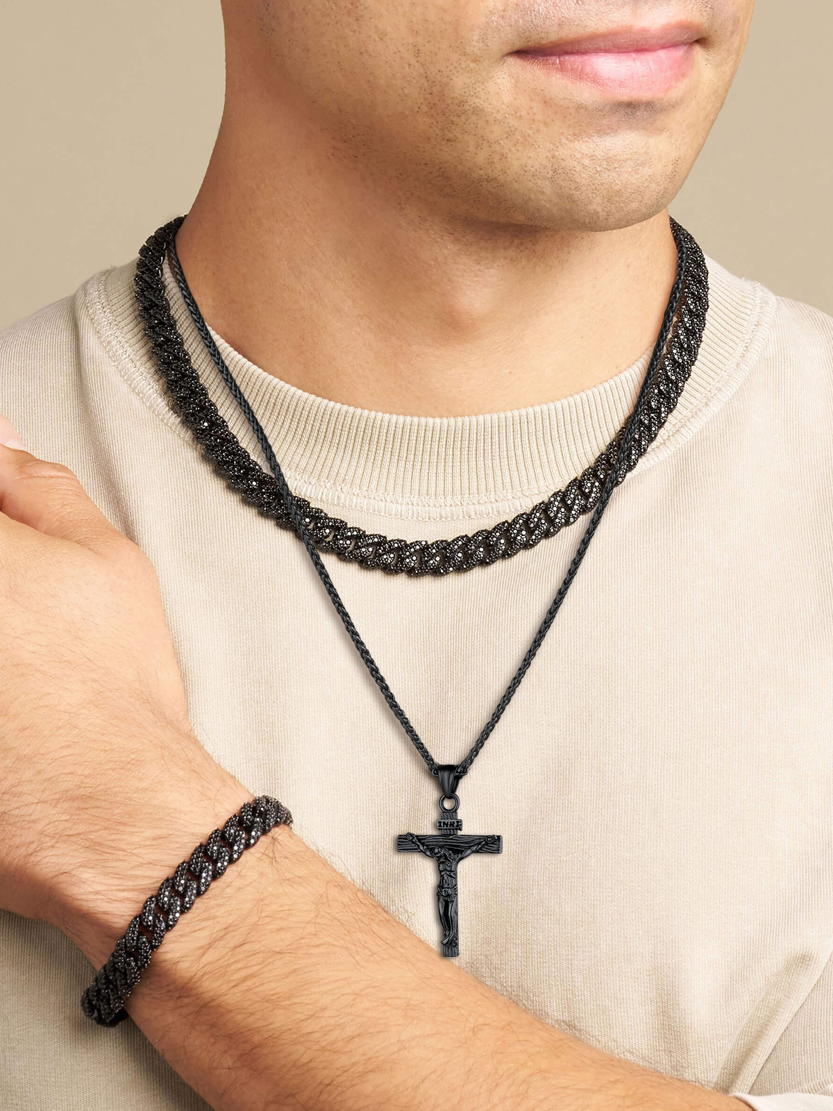 Cross Crucifix Pendant Antique Jesus Necklace in Black