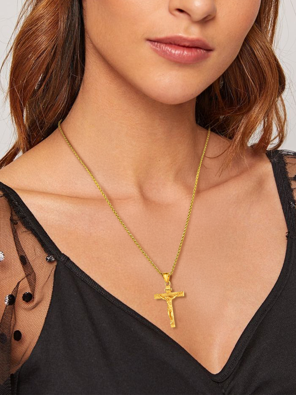 Cross Crucifix Pendant Antique Jesus Necklace in 18K Gold