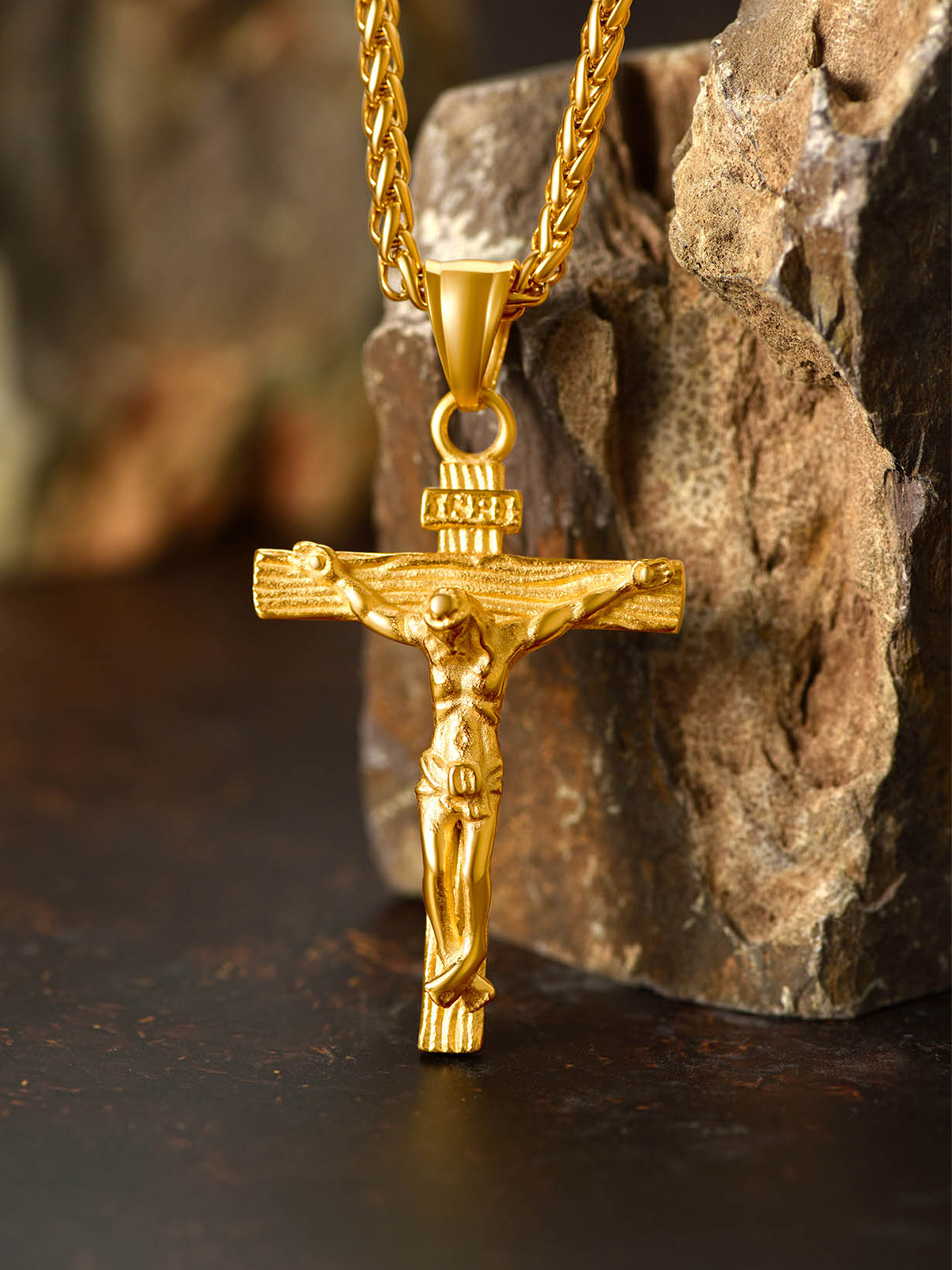 Cross Crucifix Pendant Antique Jesus Necklace in 18K Gold
