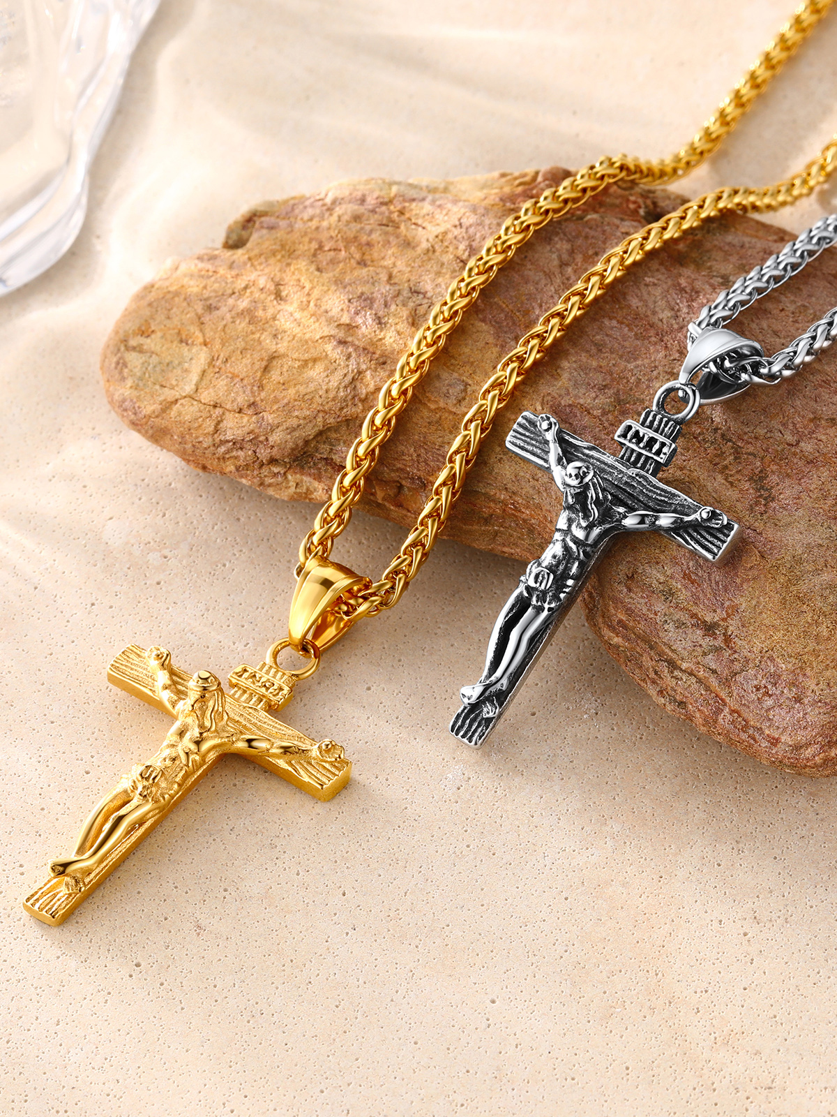 Cross Crucifix Pendant Antique Jesus Necklace in Stainless