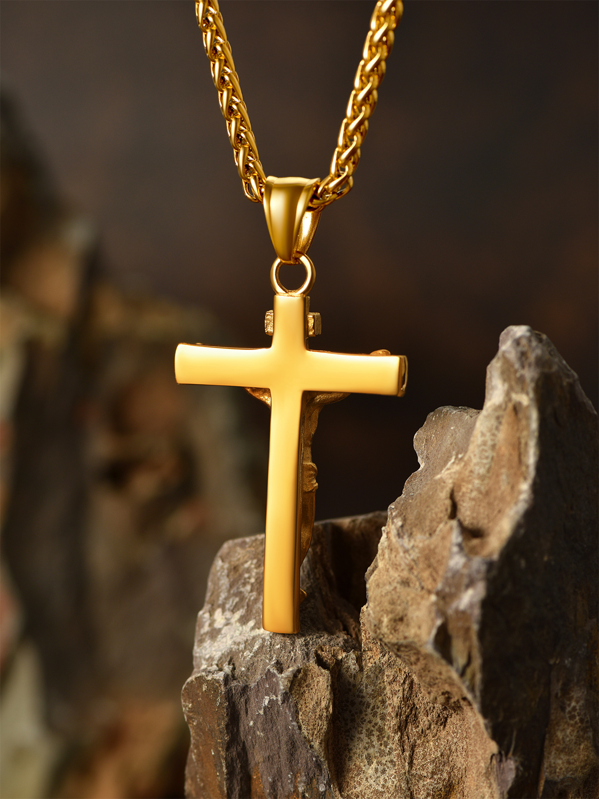 Cross Crucifix Pendant Antique Jesus Necklace in 18K Gold