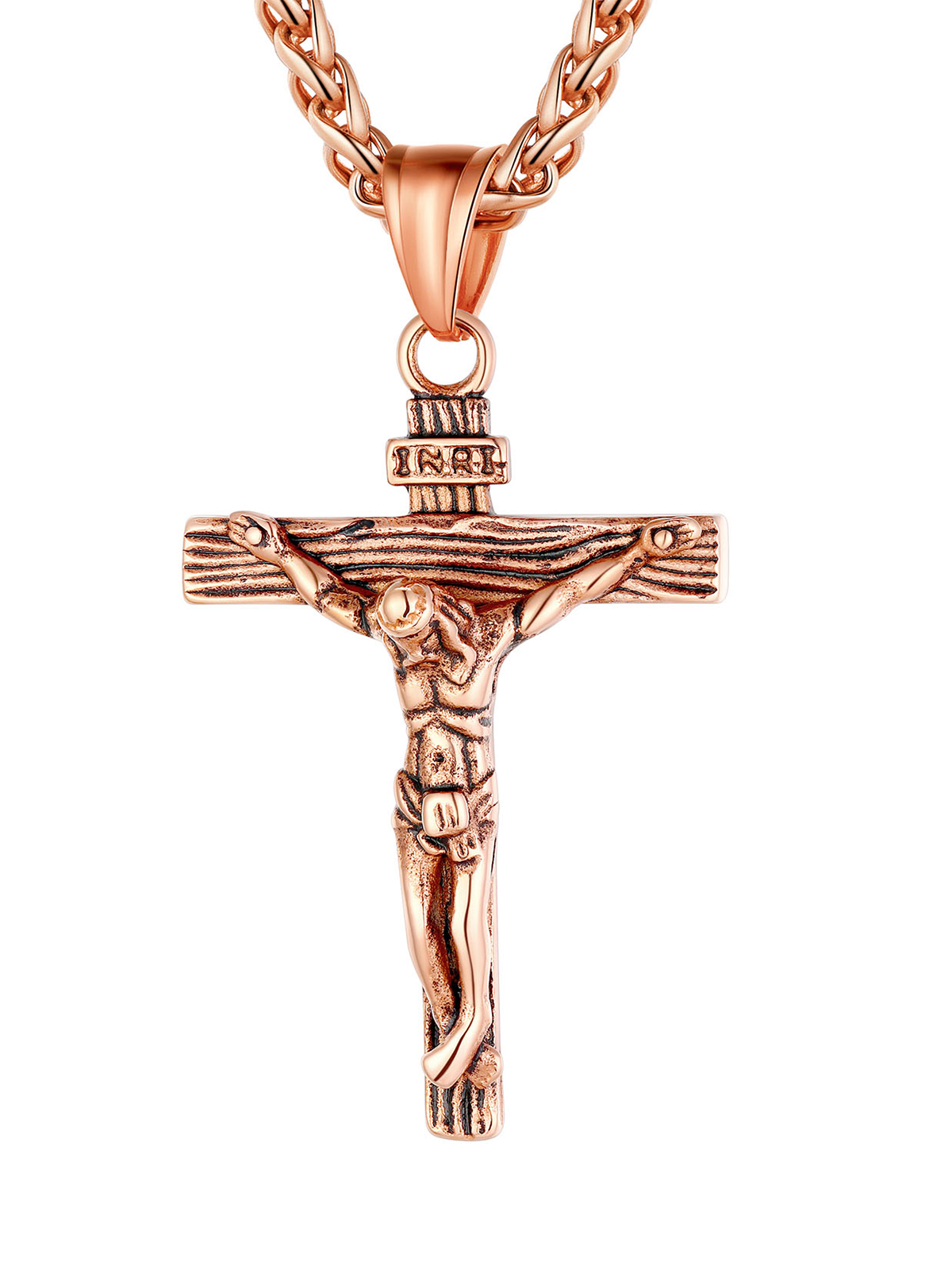 Cross Crucifix Pendant Antique Jesus Necklace in Rose Gold