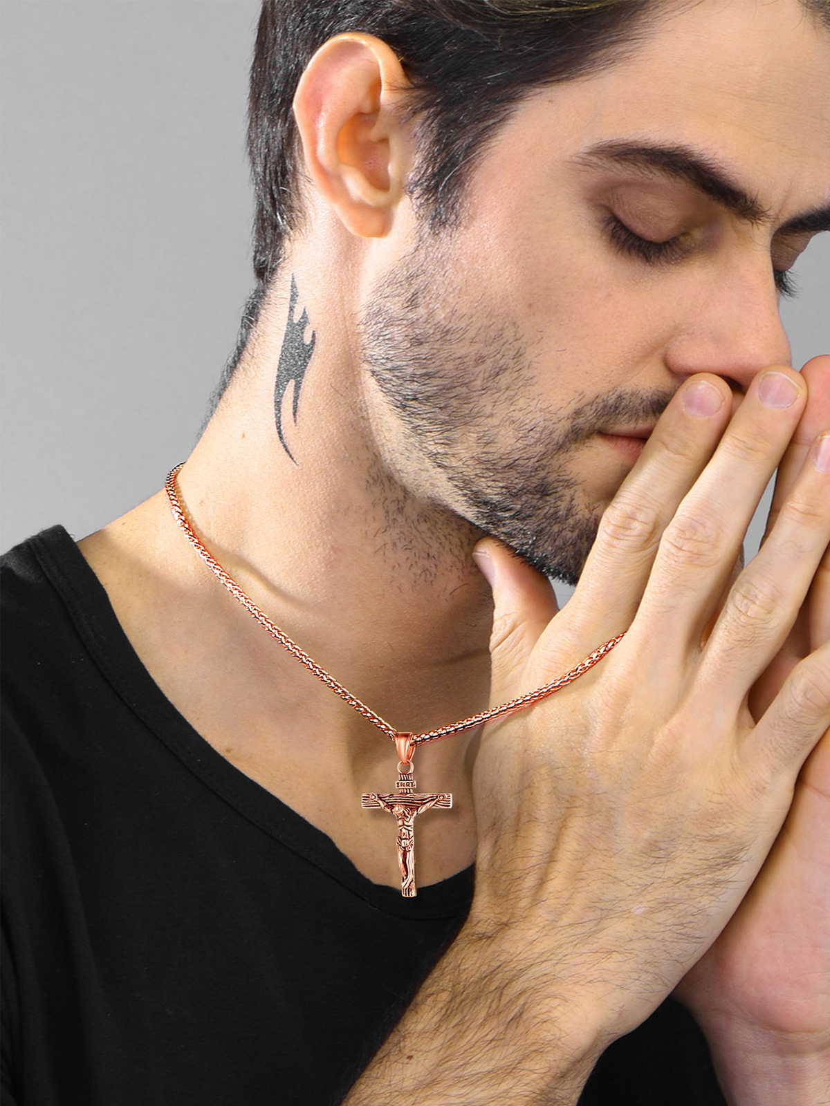 Cross Crucifix Pendant Antique Jesus Necklace in Rose Gold