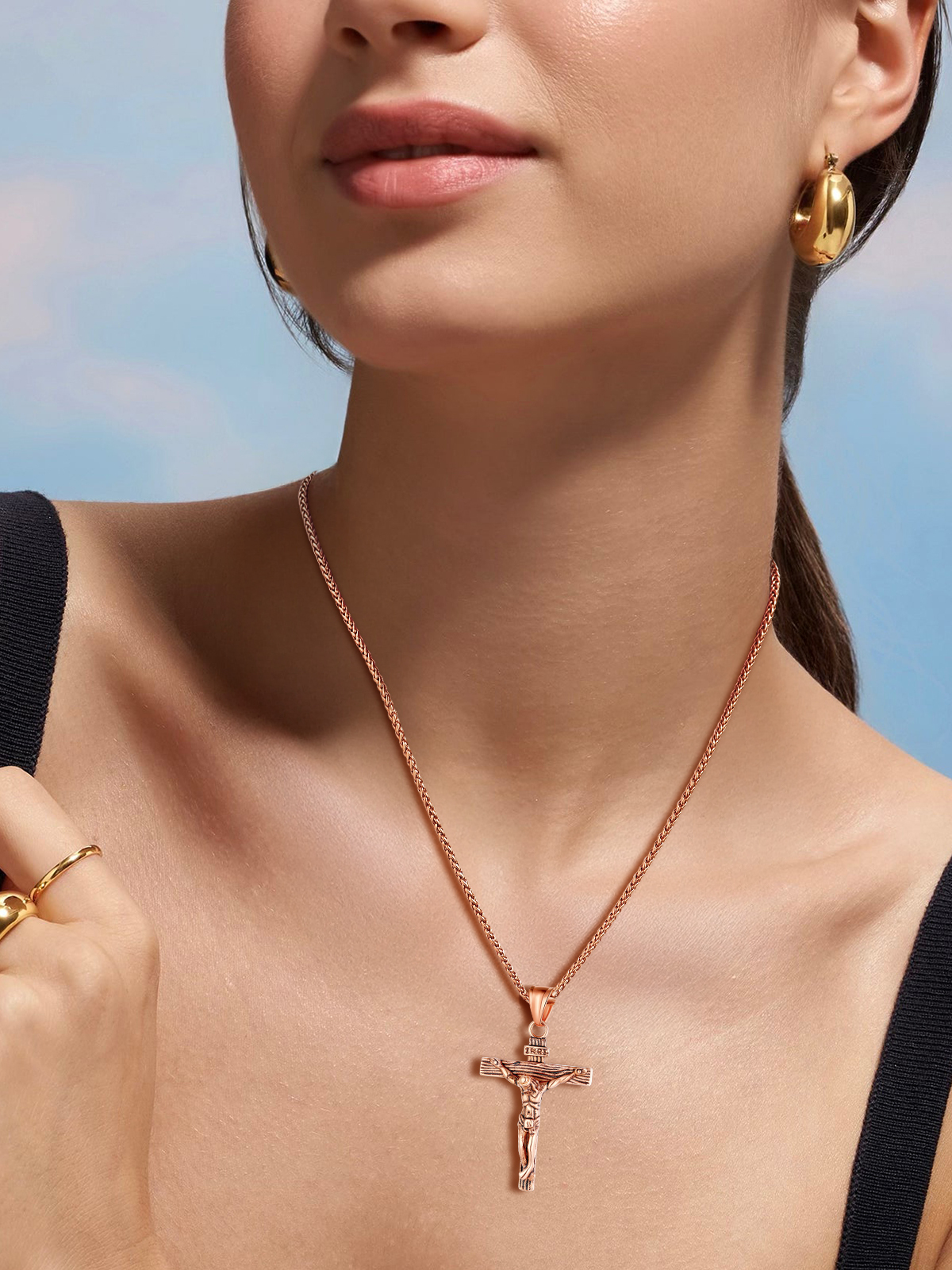 Cross Crucifix Pendant Antique Jesus Necklace in Rose Gold