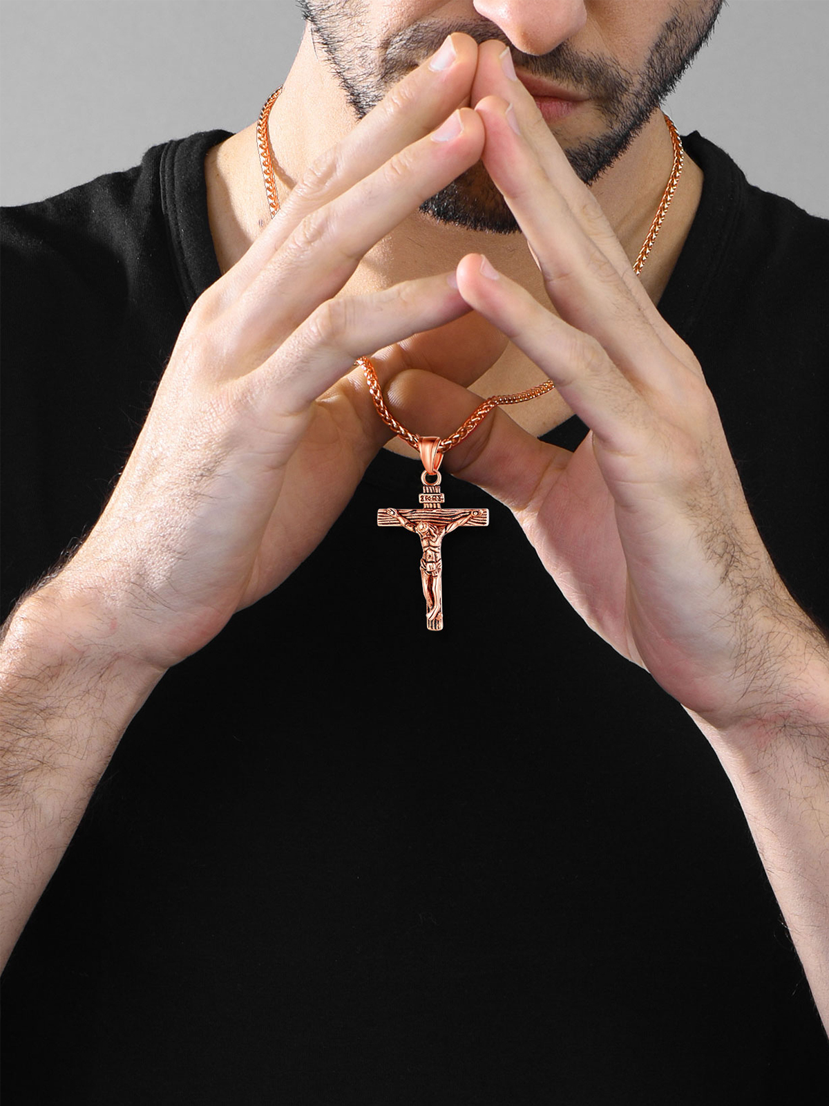 Cross Crucifix Pendant Antique Jesus Necklace in Rose Gold