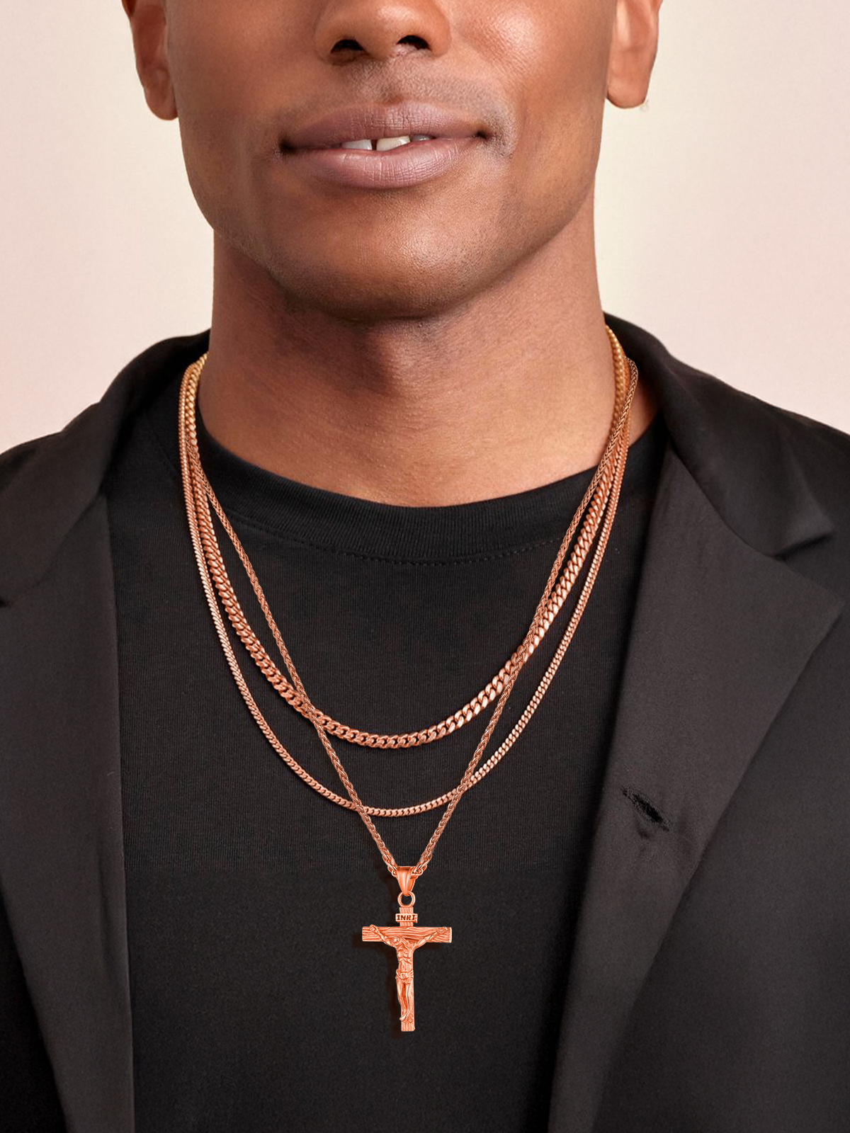 Cross Crucifix Pendant Antique Jesus Necklace in Rose Gold