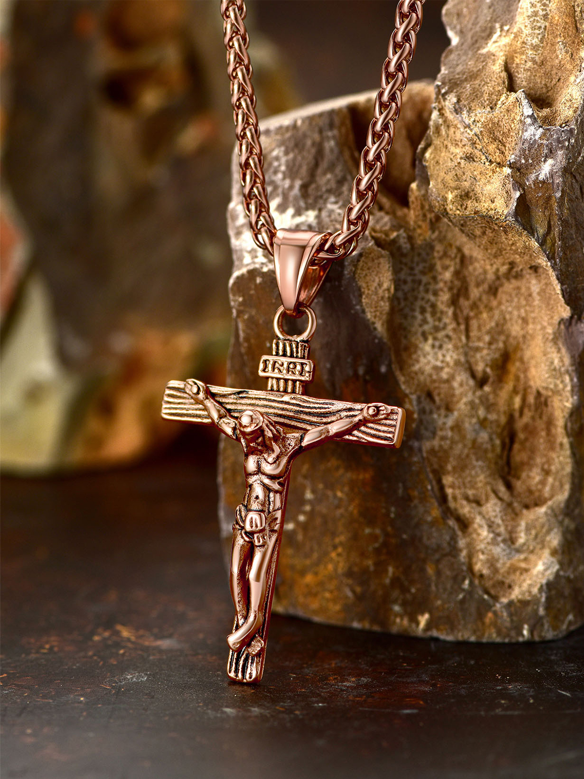 Cross Crucifix Pendant Antique Jesus Necklace in Rose Gold