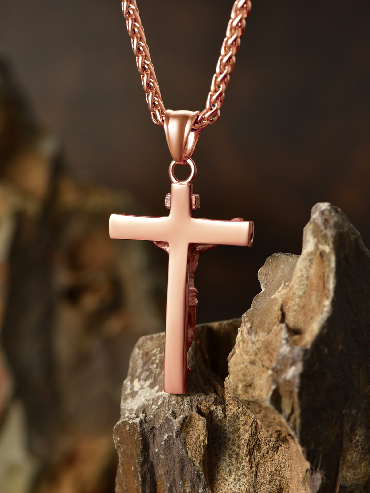 Cross Crucifix Pendant Antique Jesus Necklace in Rose Gold