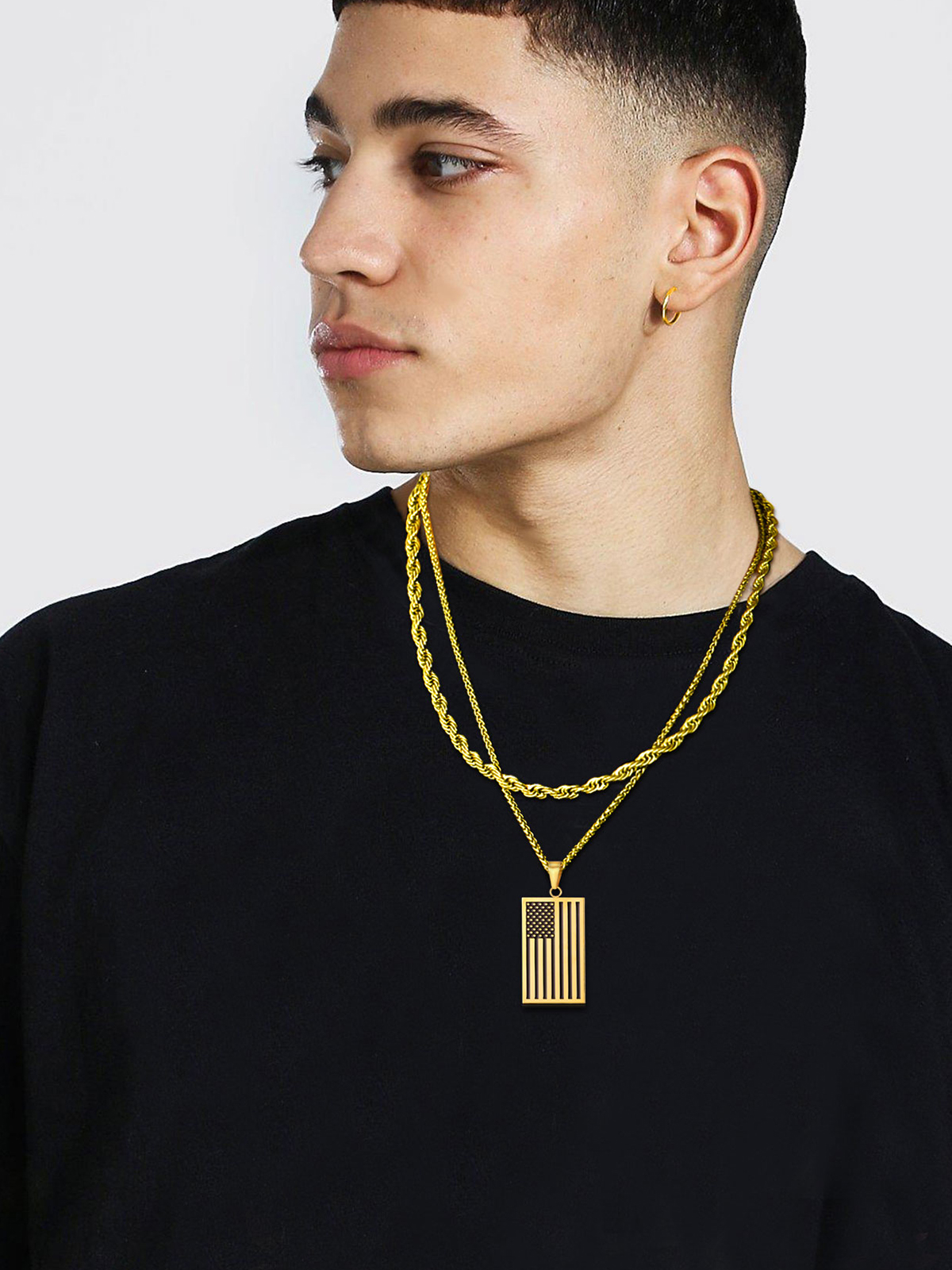 Rectangle Dog Tag Pendant American Flag Necklace in 18K Gold