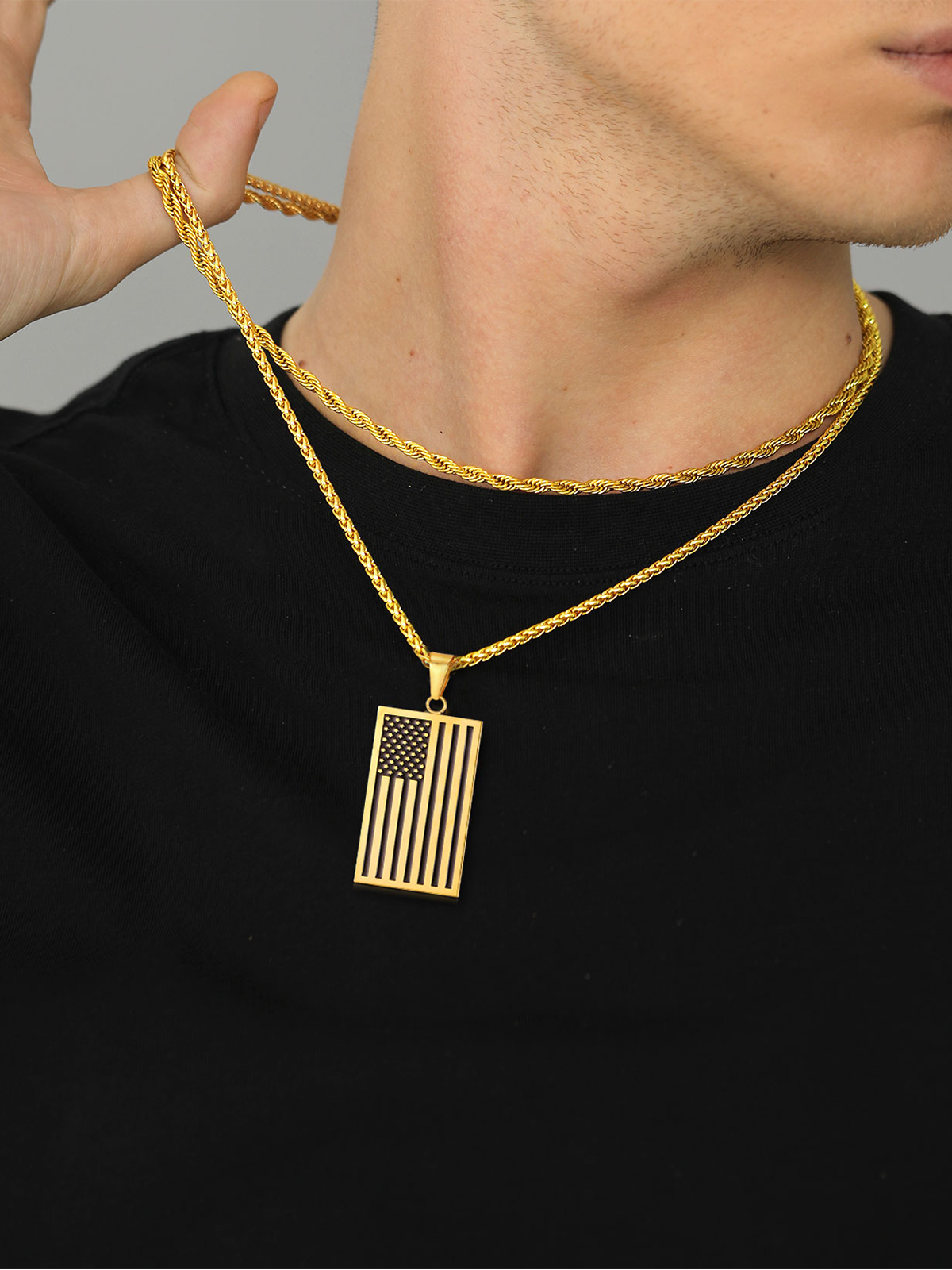 Rectangle Dog Tag Pendant American Flag Necklace in 18K Gold
