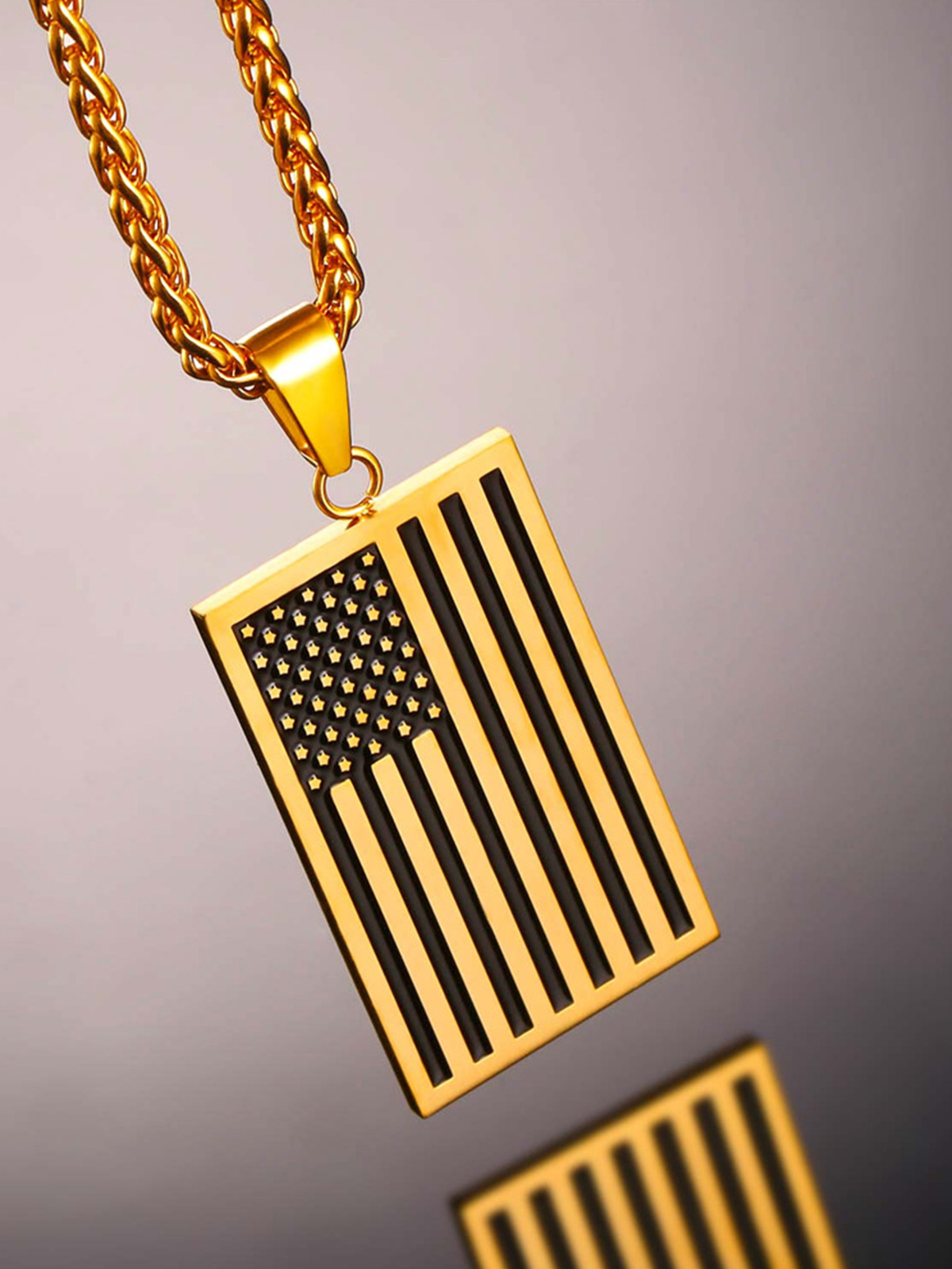 Rectangle Dog Tag Pendant American Flag Necklace in 18K Gold