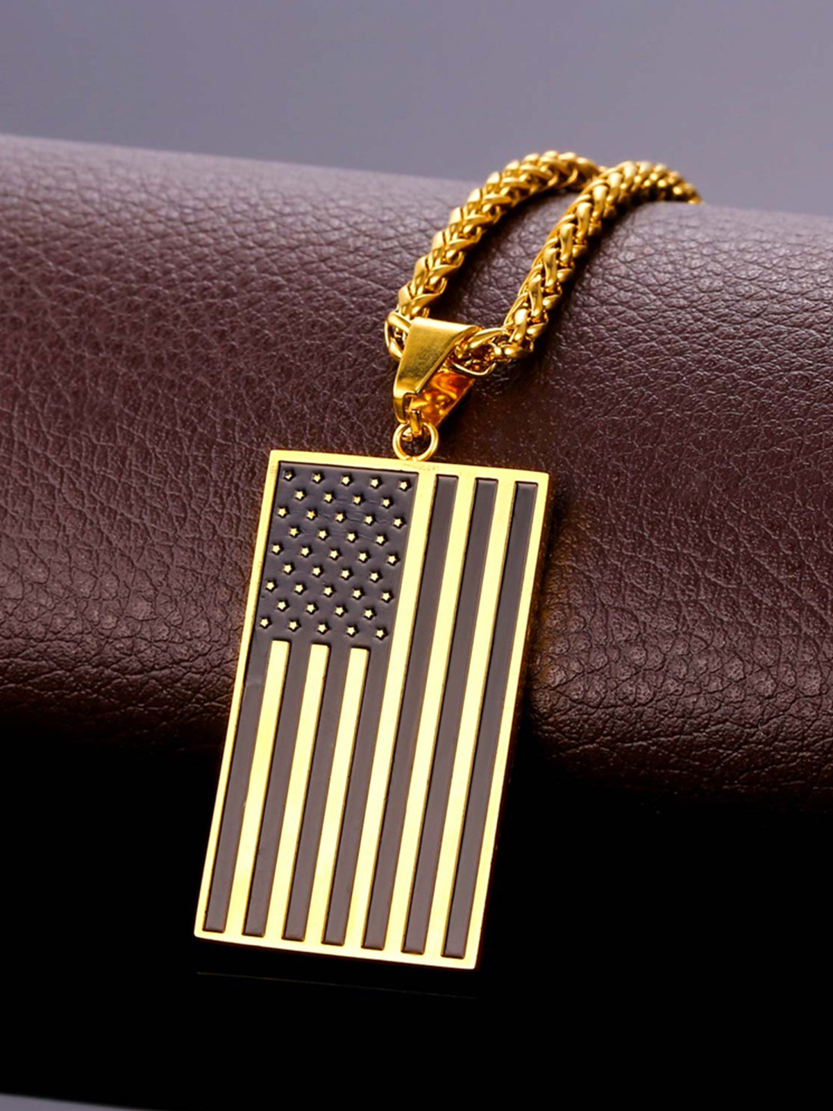 Rectangle Dog Tag Pendant American Flag Necklace in 18K Gold