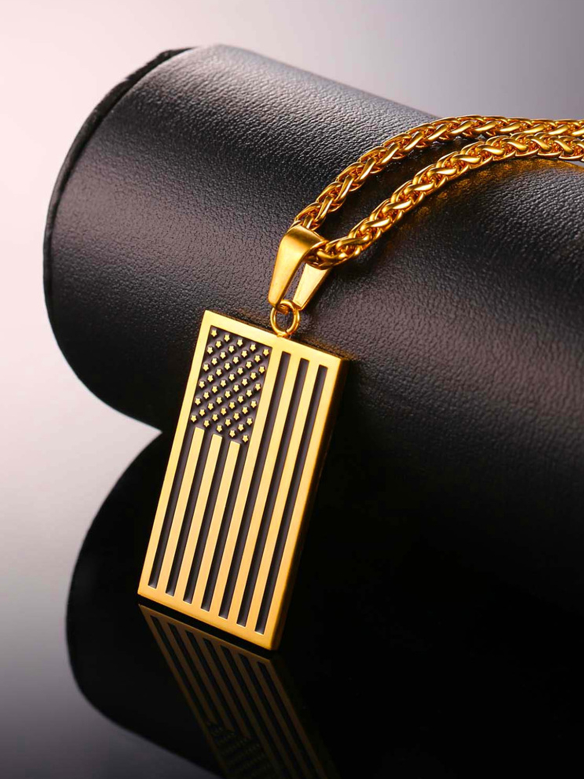 Rectangle Dog Tag Pendant American Flag Necklace in 18K Gold