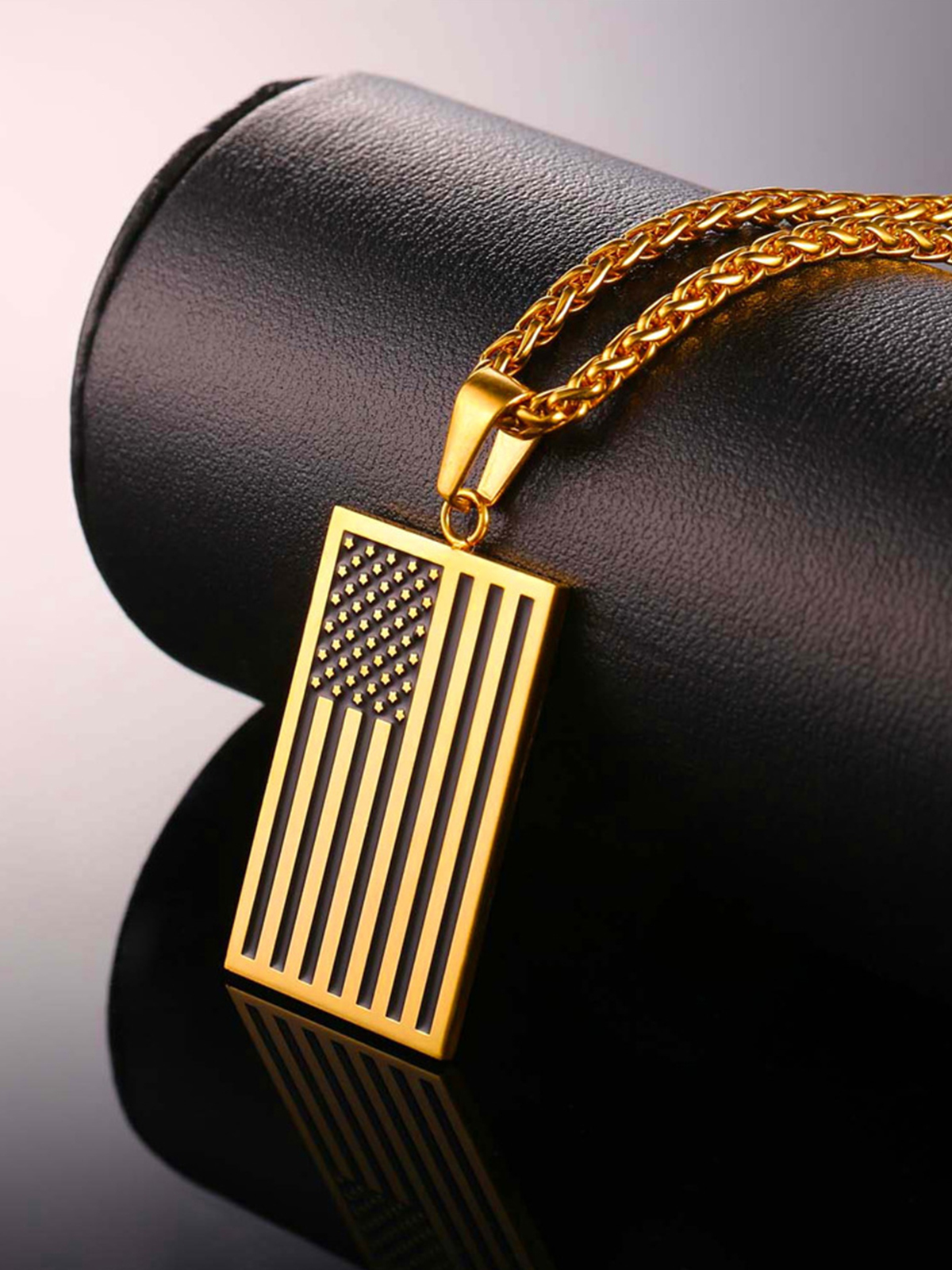 Rectangle Dog Tag Pendant American Flag Necklace in 18K Gold