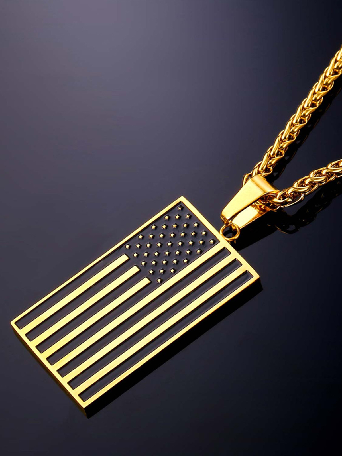 Rectangle Dog Tag Pendant American Flag Necklace in 18K Gold