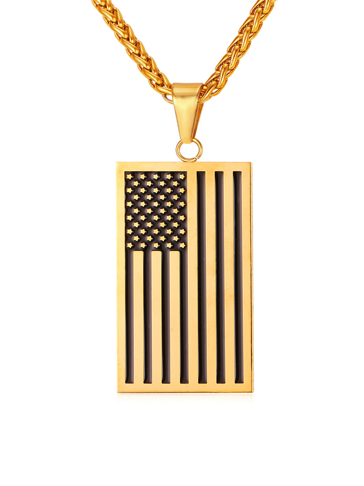 Rectangle Dog Tag Pendant American Flag Necklace in 18K Gold