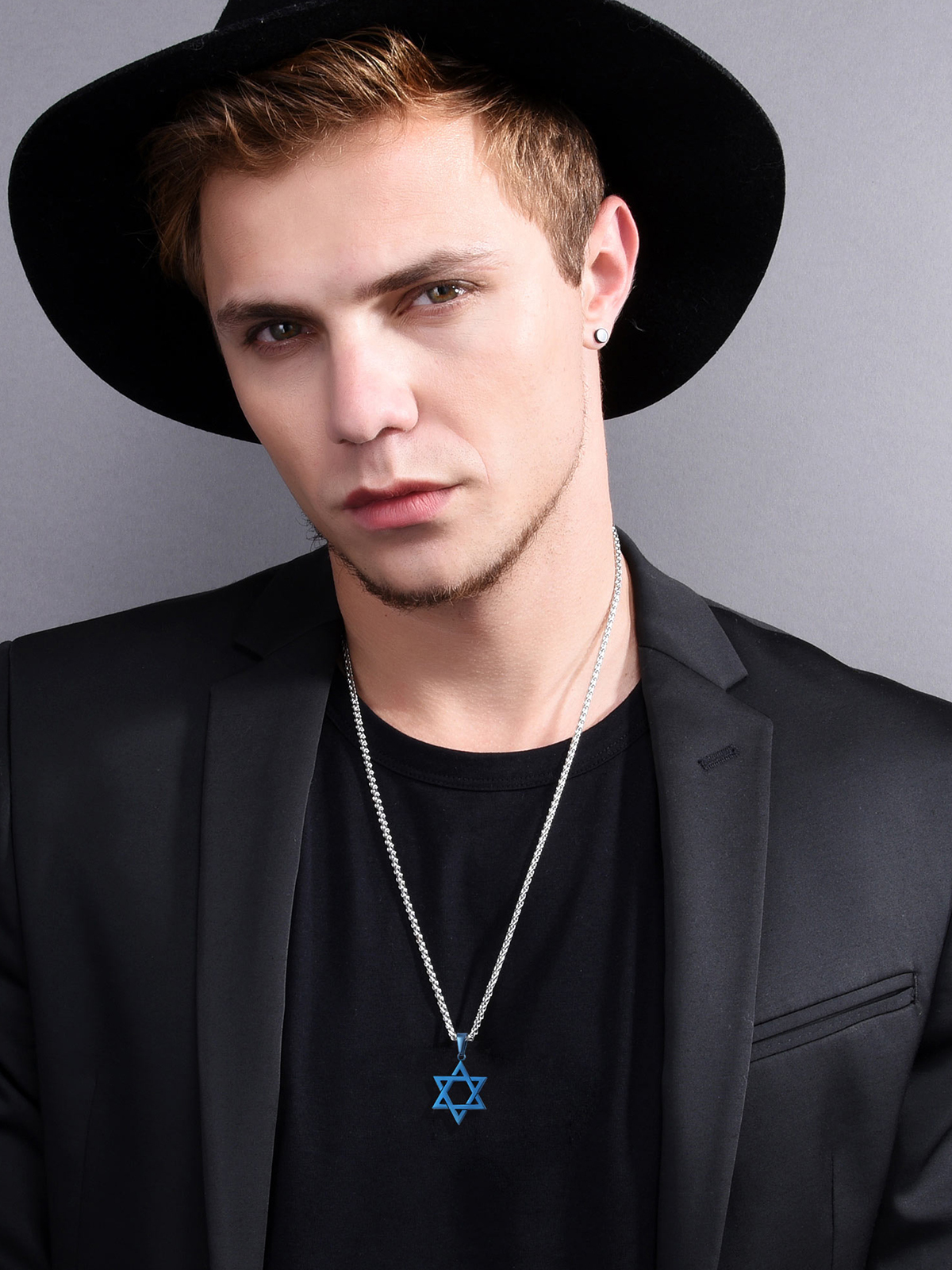 Star of David Pendant Hexagon Necklace in Blue