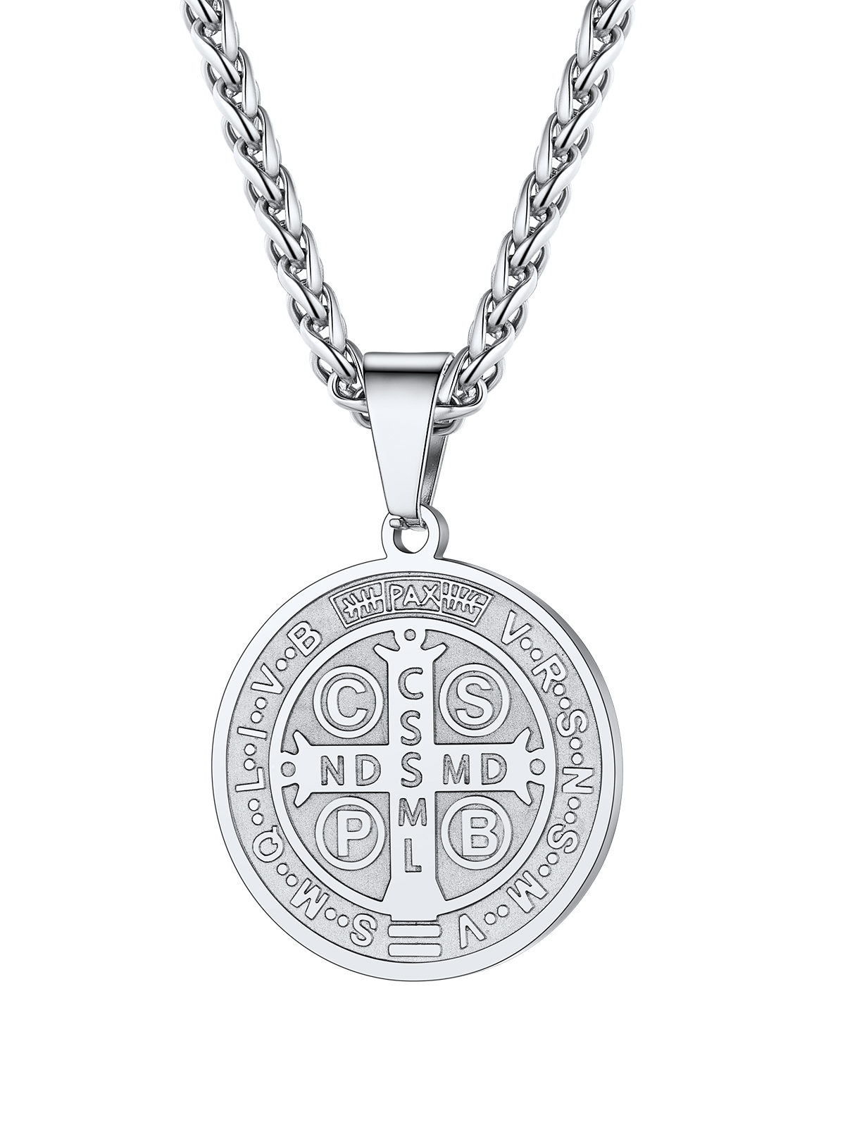 Saint Benedict Pendant Round Coin Medal Necklace in Stainless Steel
