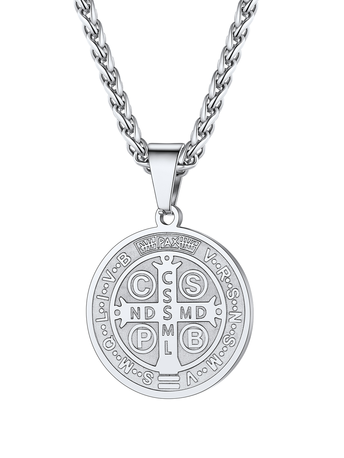 Saint Benedict Pendant Round Coin Medal Necklace in Stainless Steel