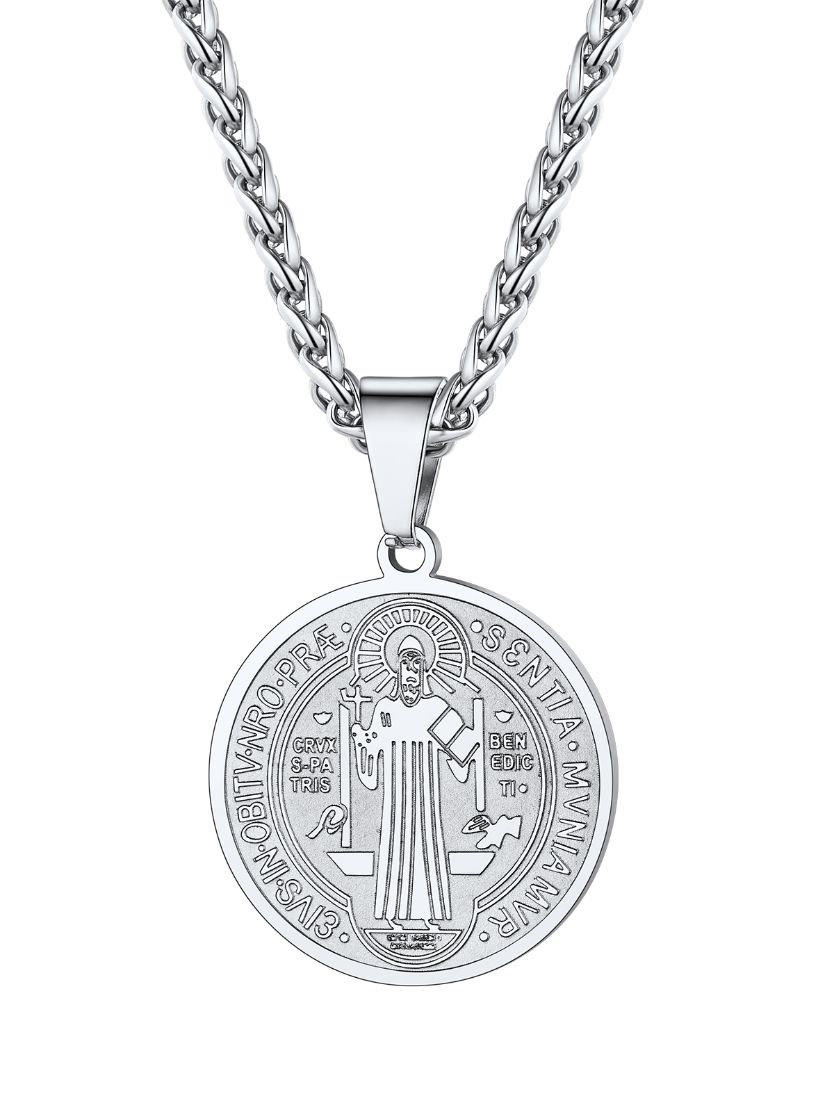 Saint Benedict Pendant Round Coin Medal Necklace in Stainless Steel