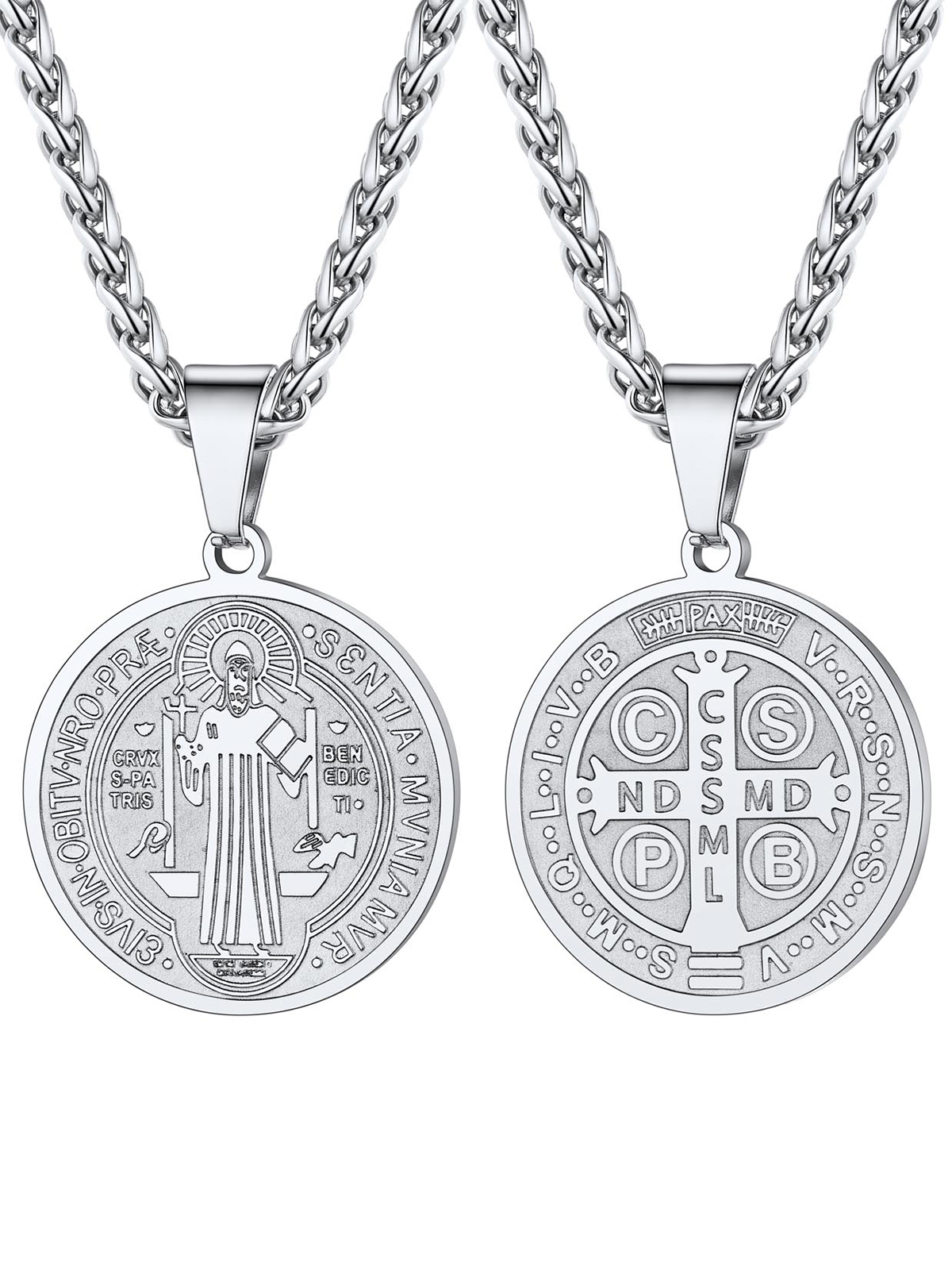 Saint Benedict Pendant Round Coin Medal Necklace in Stainless Steel