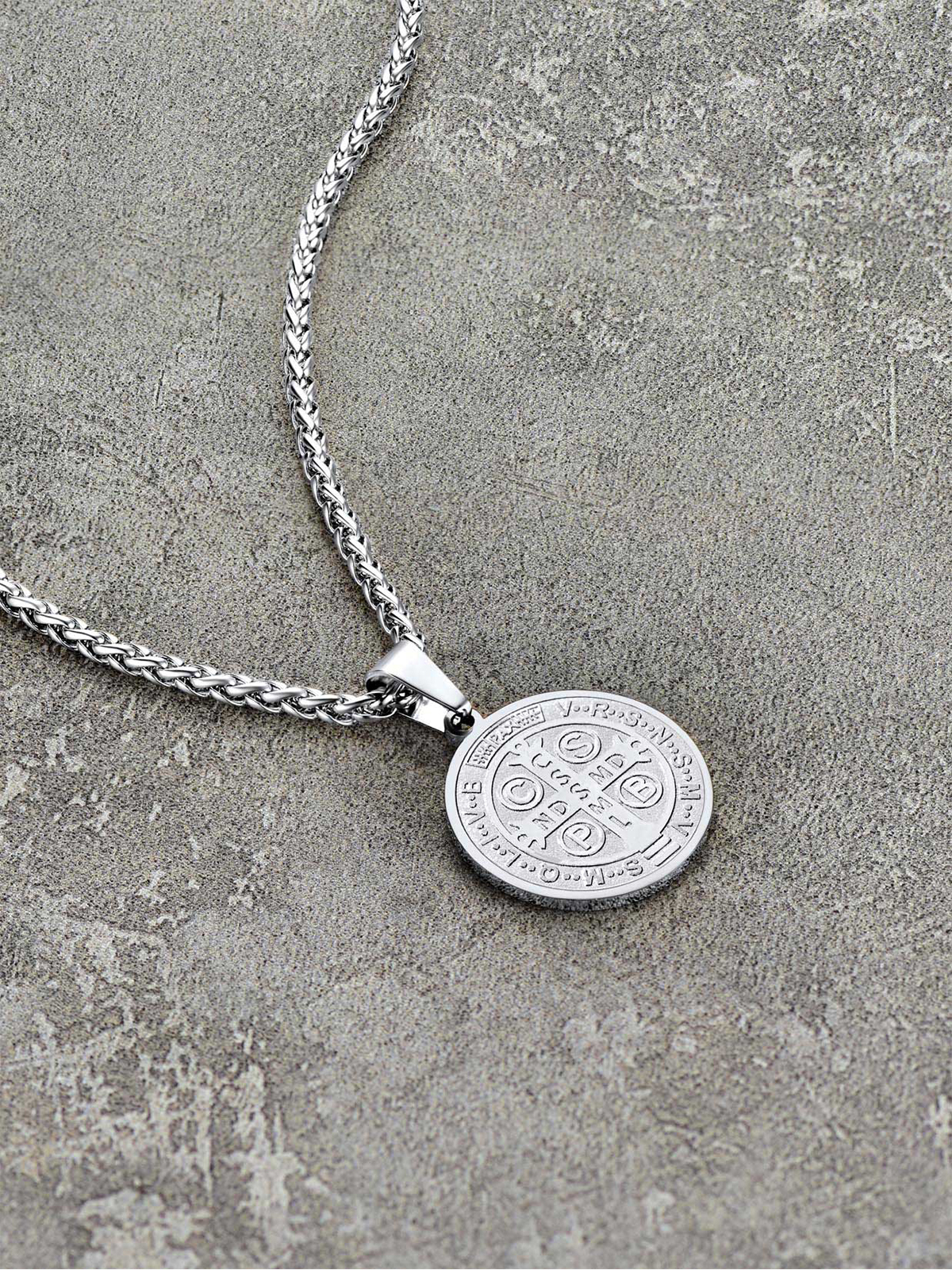 Saint Benedict Pendant Round Coin Medal Necklace in Stainless Steel