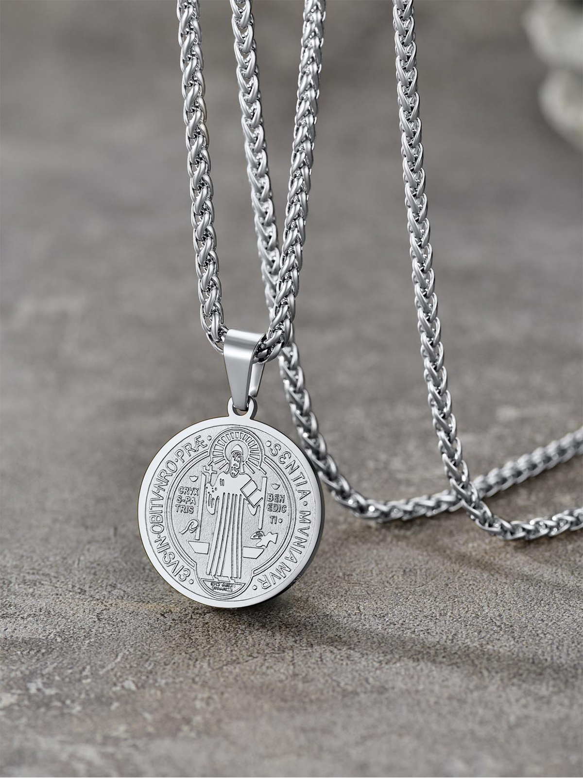 Saint Benedict Pendant Round Coin Medal Necklace in Stainless Steel