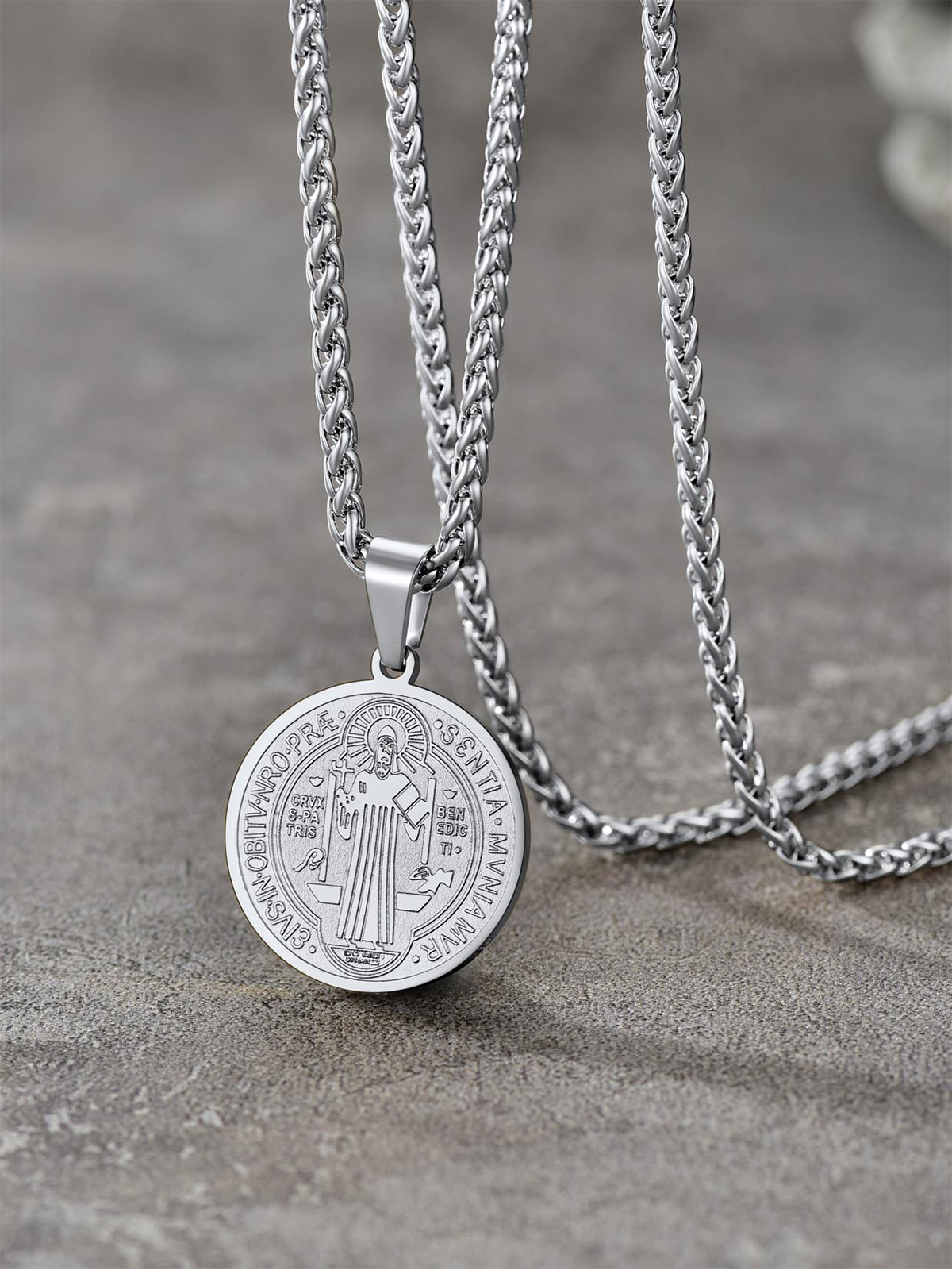 Saint Benedict Pendant Round Coin Medal Necklace in Stainless Steel