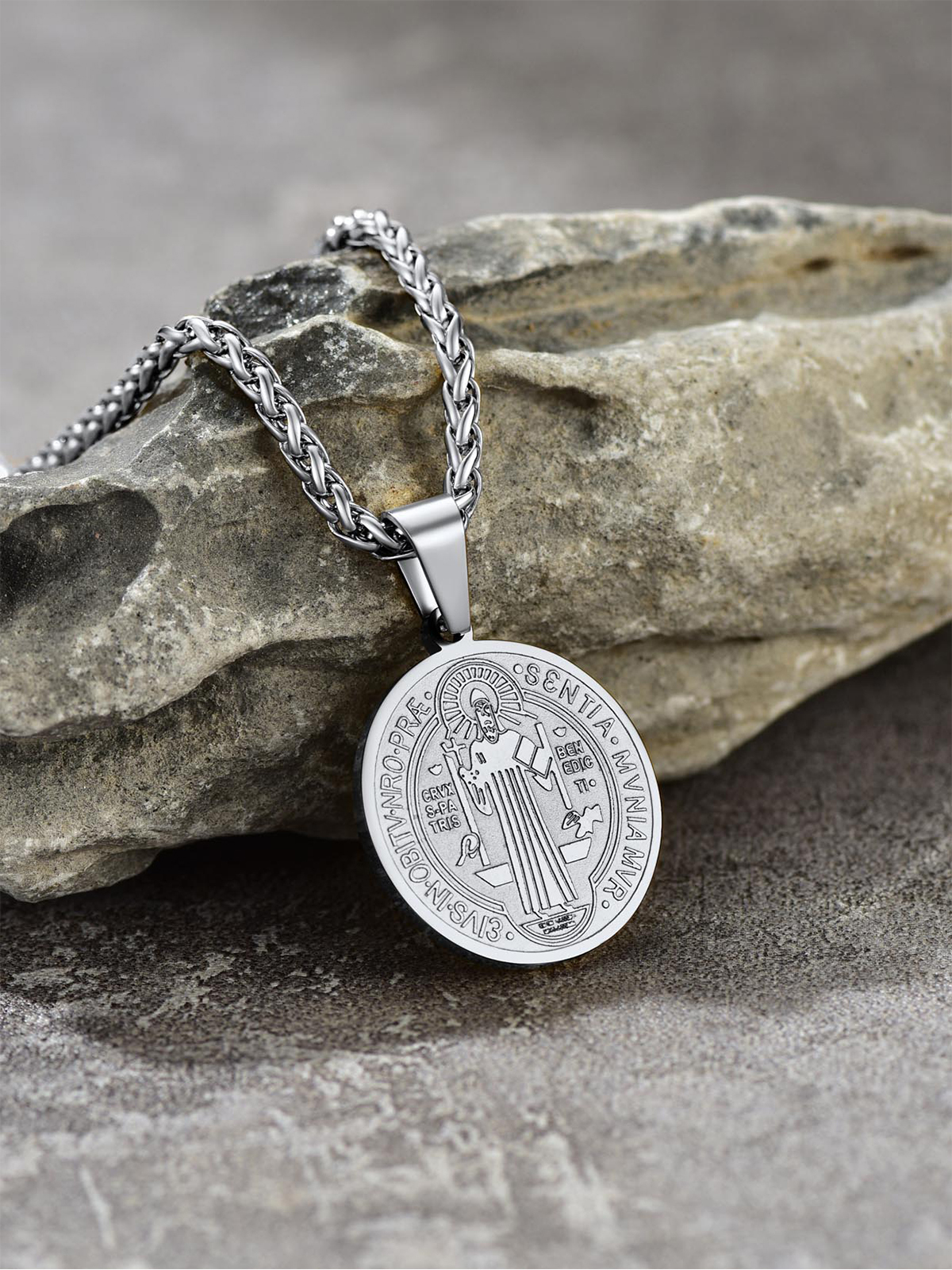 Saint Benedict Pendant Round Coin Medal Necklace in Stainless Steel