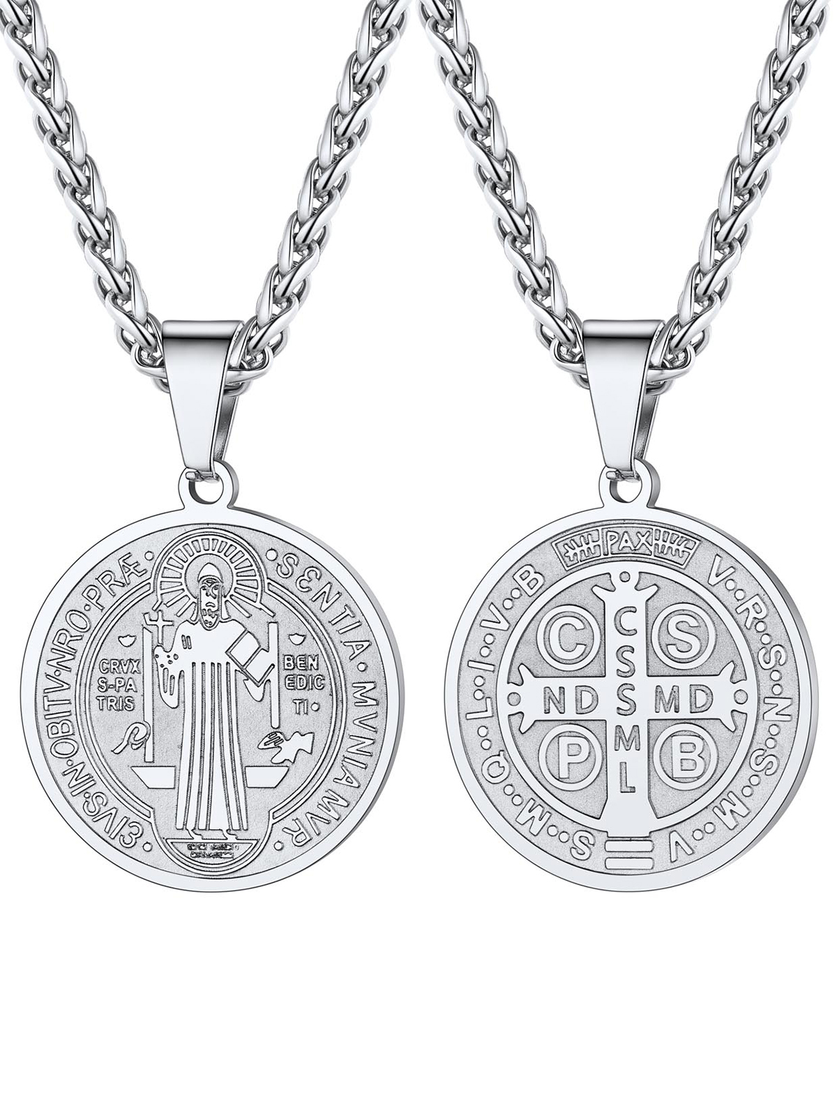Saint Benedict Pendant Round Coin Medal Necklace in Stainless Steel