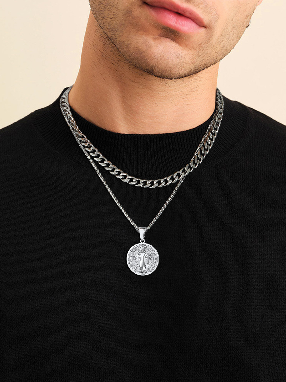 Saint Benedict Pendant Round Coin Medal Necklace in Stainless Steel