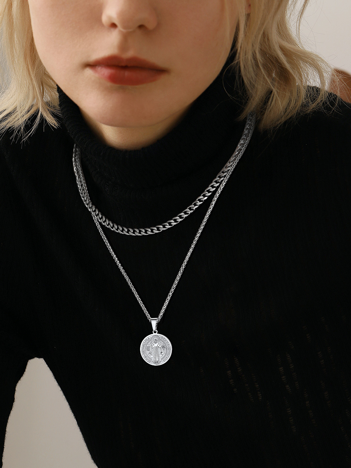 Saint Benedict Pendant Round Coin Medal Necklace in Stainless Steel